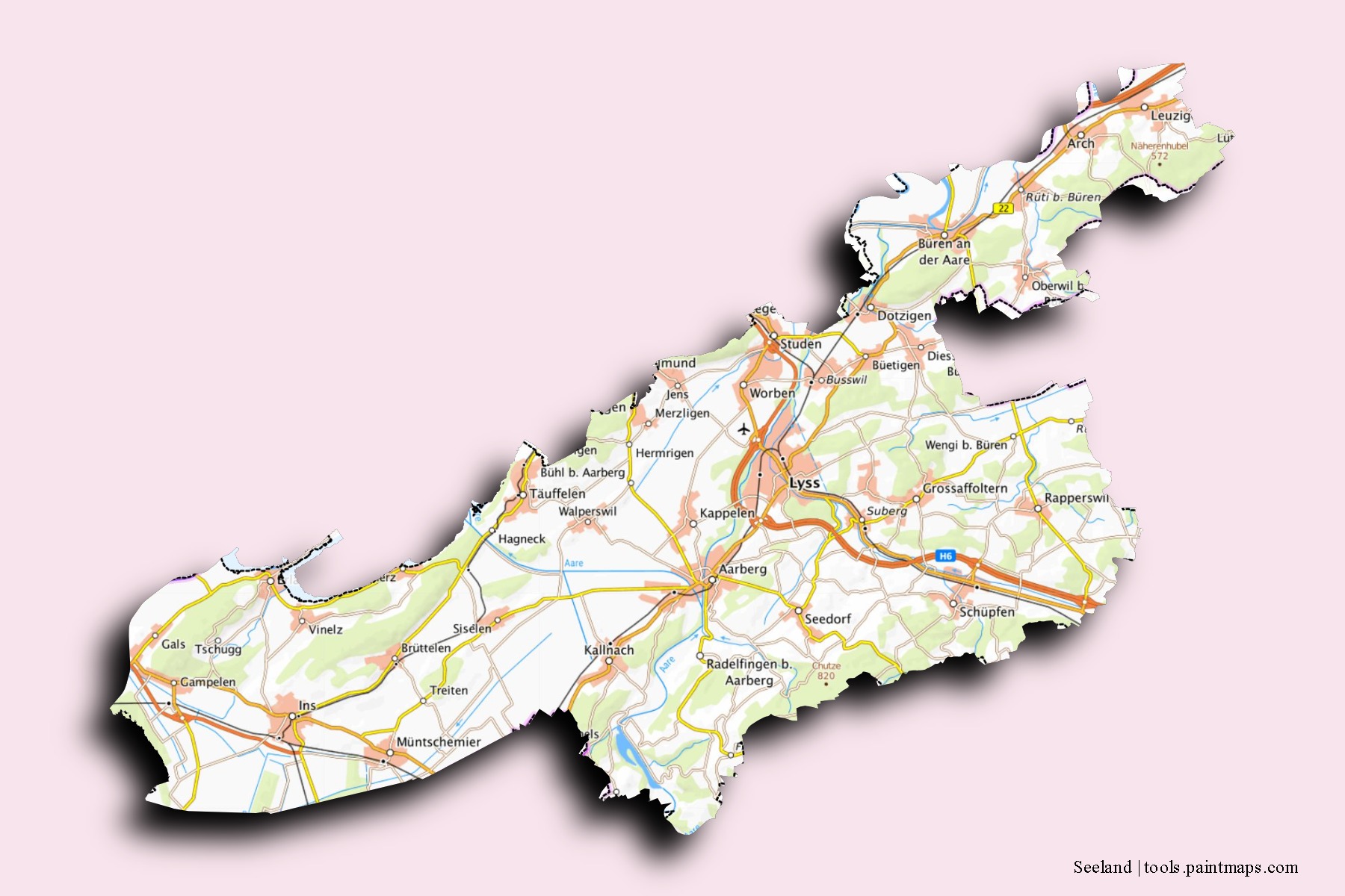 Seeland neighborhoods and villages map with 3D shadow effect