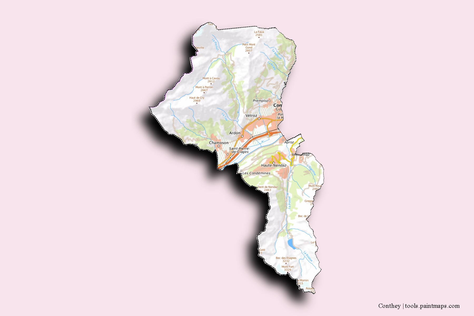 Conthey neighborhoods and villages map with 3D shadow effect