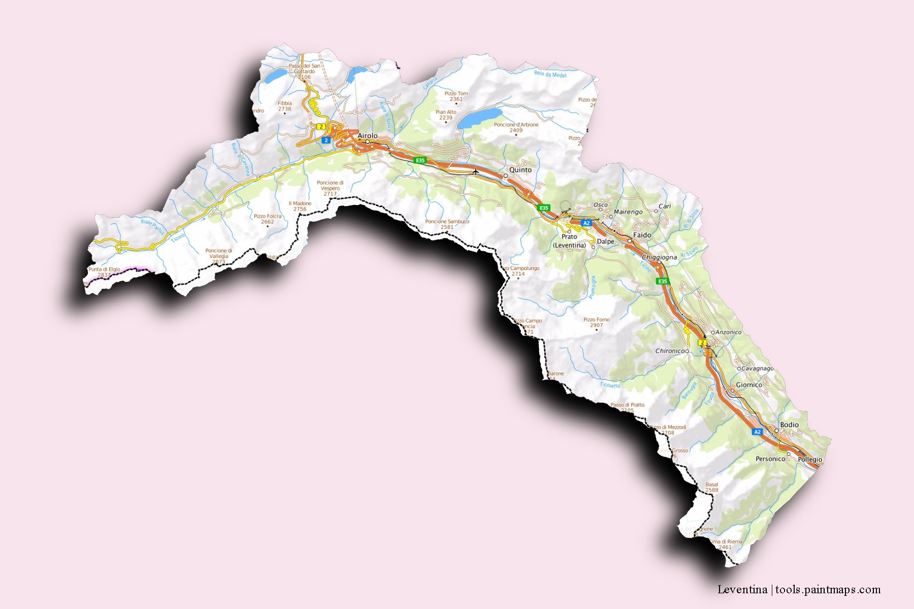 Mapa de barrios y pueblos de Leventina con efecto de sombra 3D