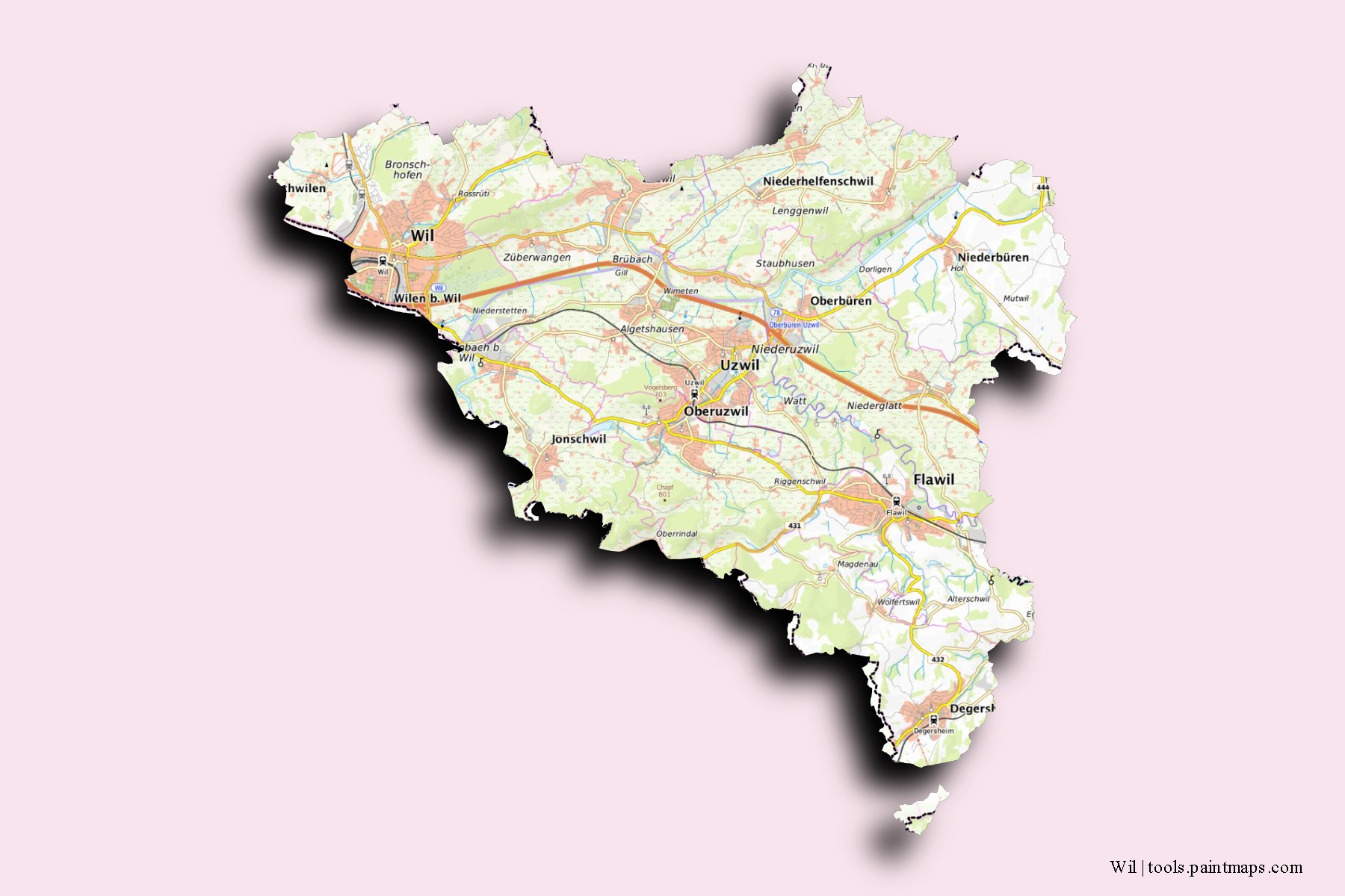 Mapa de barrios y pueblos de Wil con efecto de sombra 3D