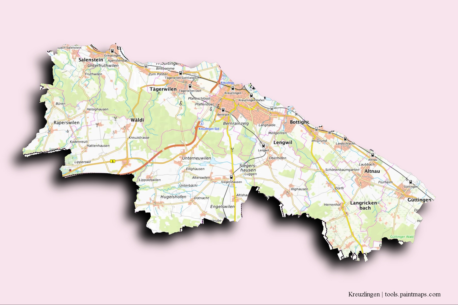 Mapa de barrios y pueblos de Kreuzlingen con efecto de sombra 3D