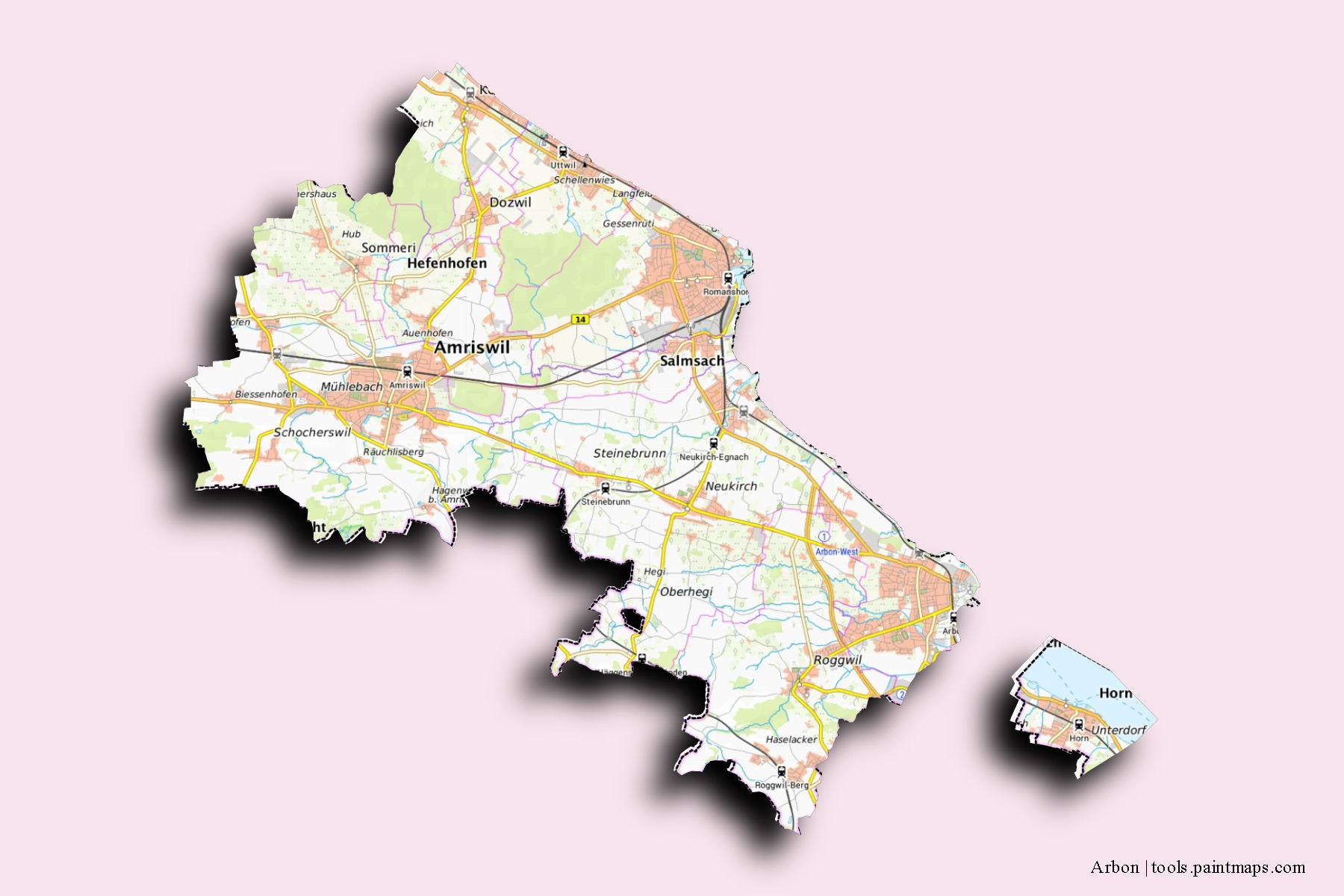 Arbon neighborhoods and villages map with 3D shadow effect