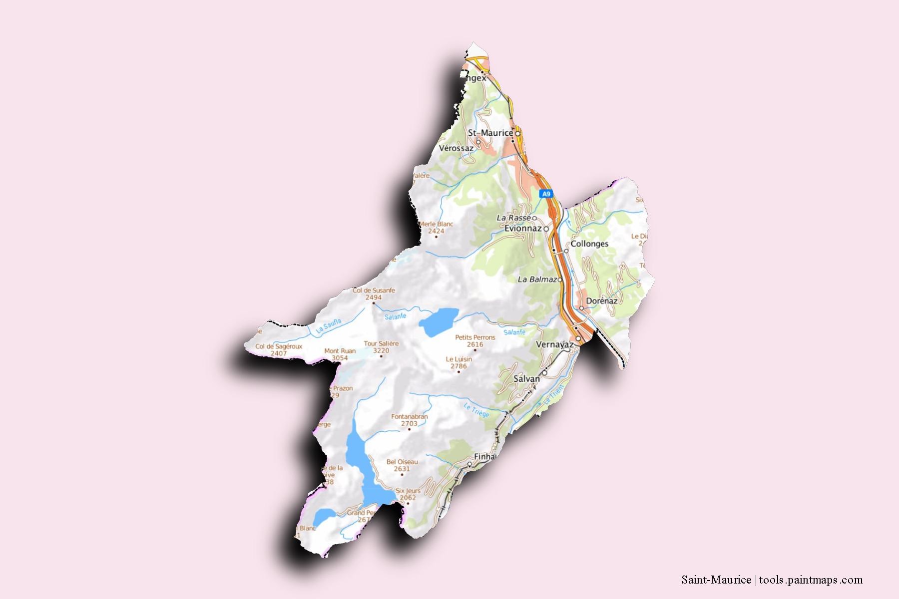 Mapa de barrios y pueblos de Saint-Maurice con efecto de sombra 3D