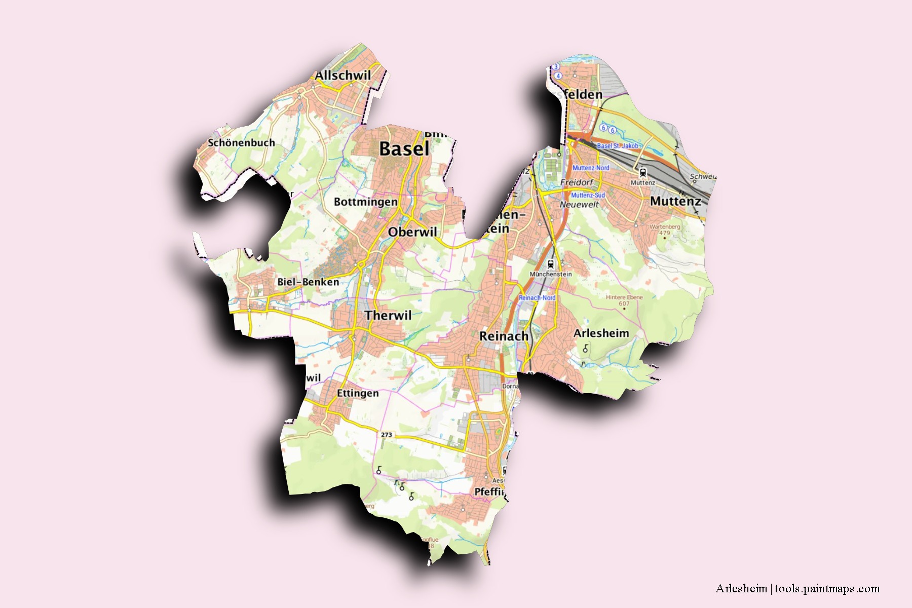 Arlesheim neighborhoods and villages map with 3D shadow effect