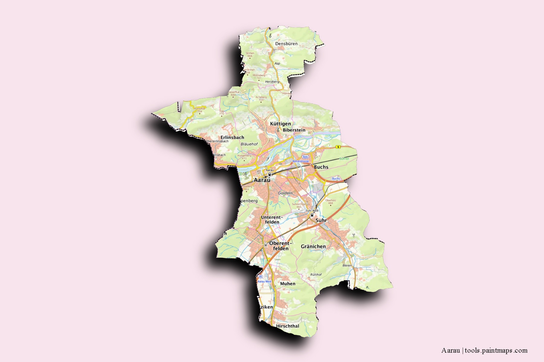 Aarau neighborhoods and villages map with 3D shadow effect