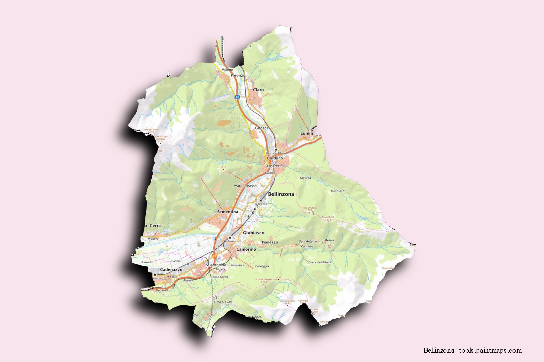 Bellinzona neighborhoods and villages map with 3D shadow effect