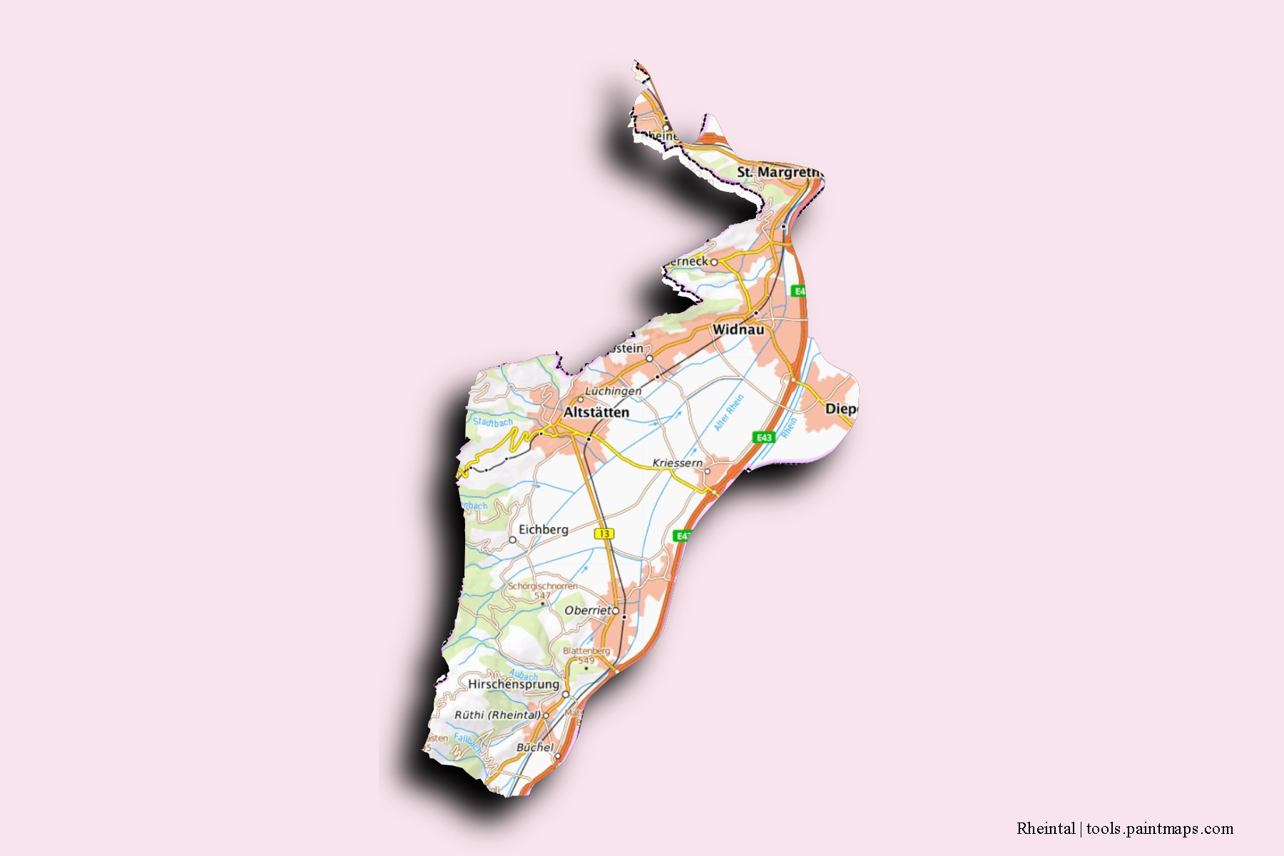 Rheintal neighborhoods and villages map with 3D shadow effect