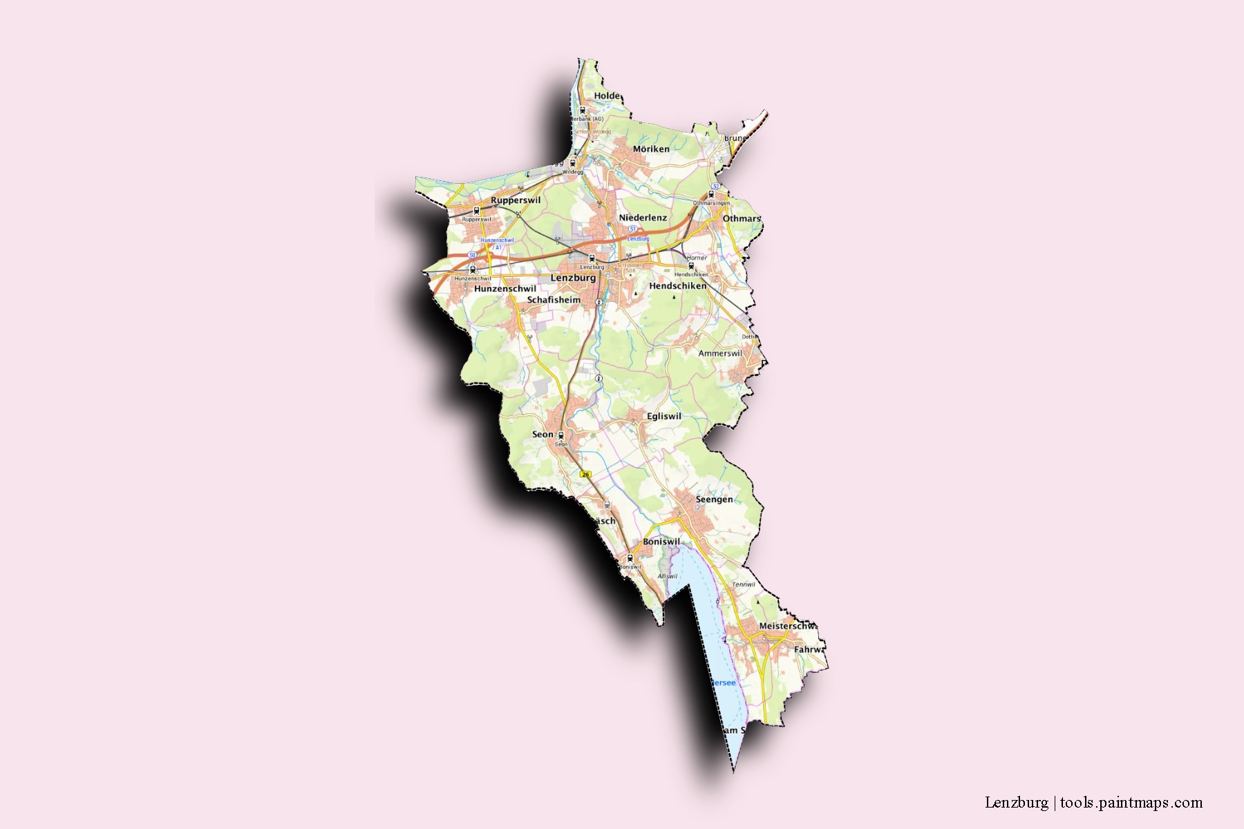 Lenzburg neighborhoods and villages map with 3D shadow effect