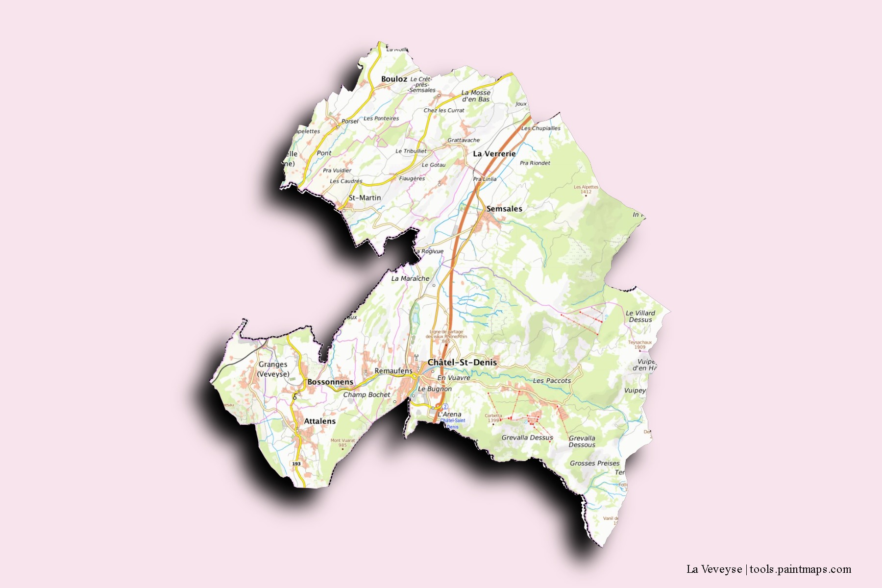 Mapa de barrios y pueblos de La Veveyse con efecto de sombra 3D