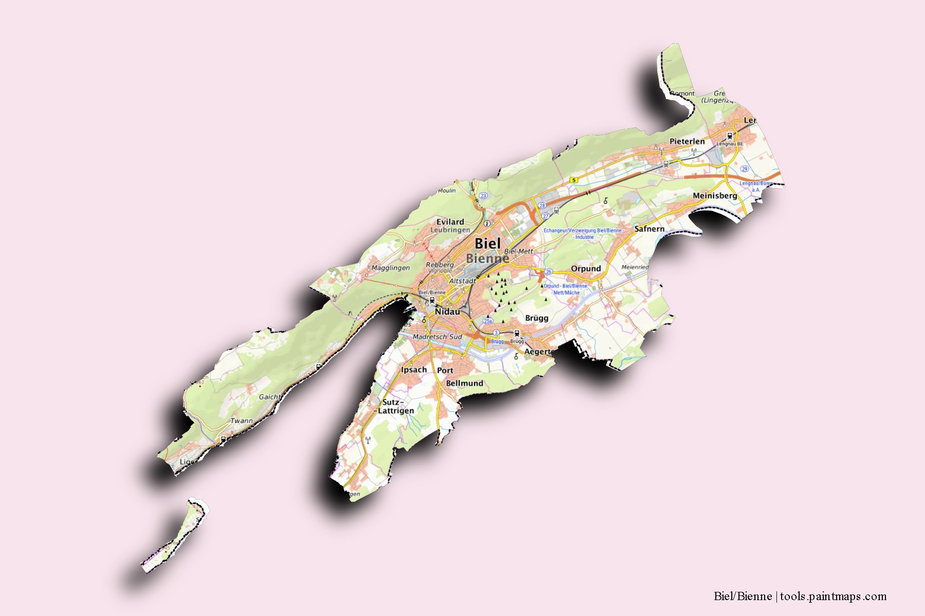 Biel/Bienne neighborhoods and villages map with 3D shadow effect