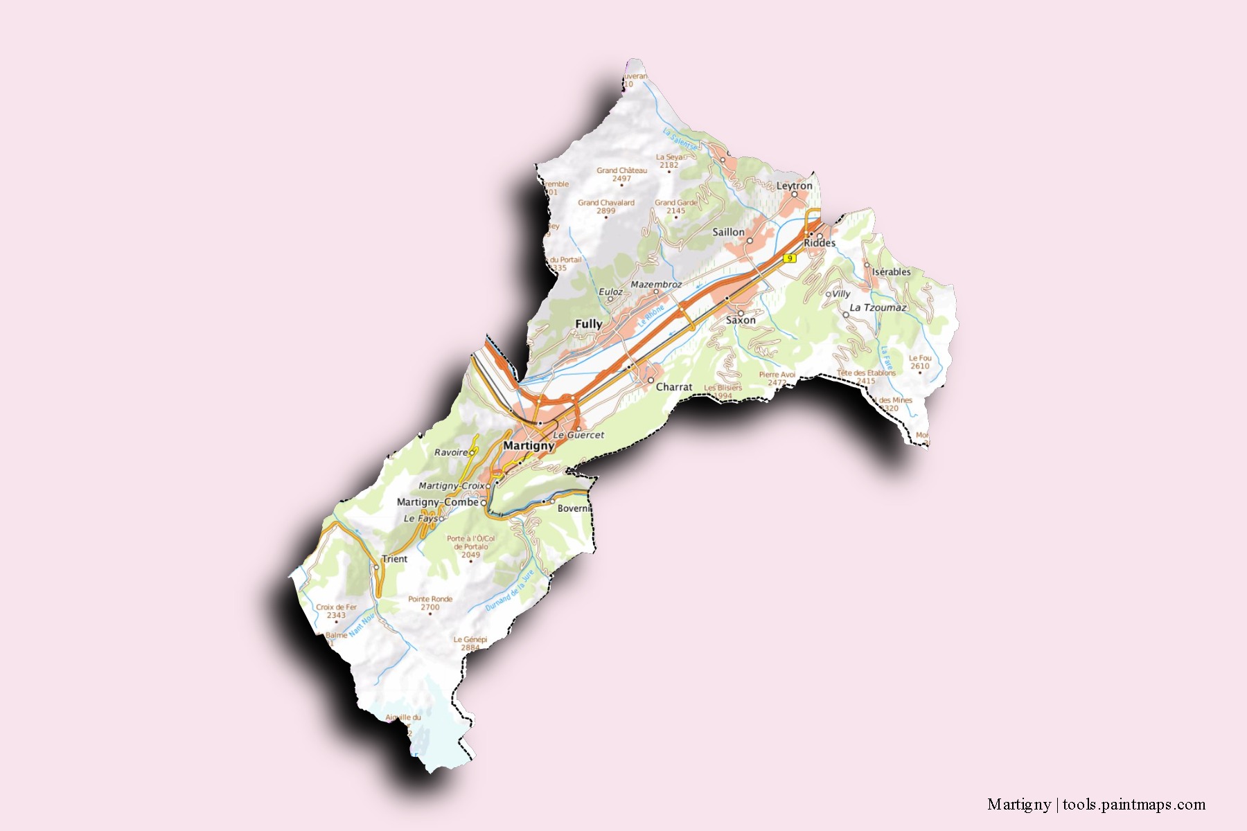 Martigny neighborhoods and villages map with 3D shadow effect