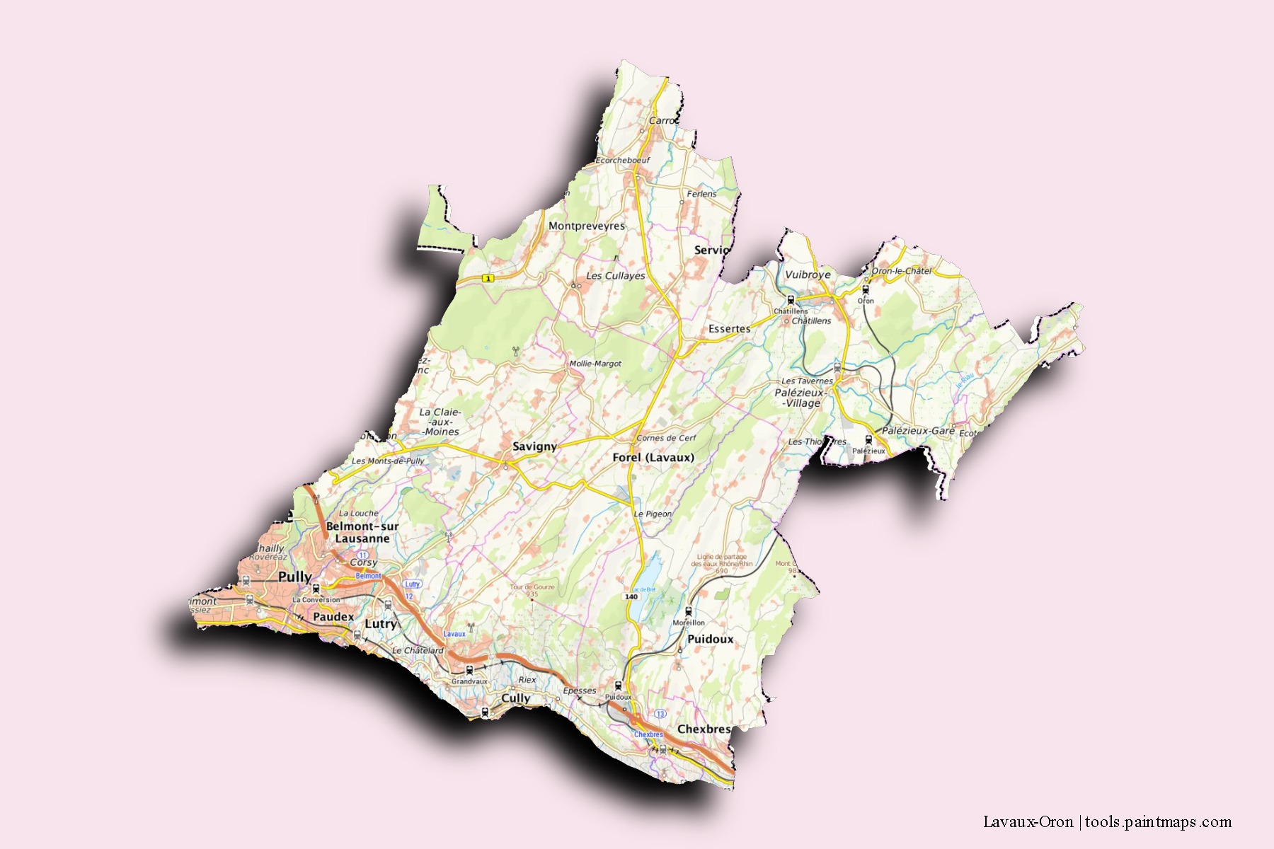 Mapa de barrios y pueblos de Lavaux-Oron con efecto de sombra 3D