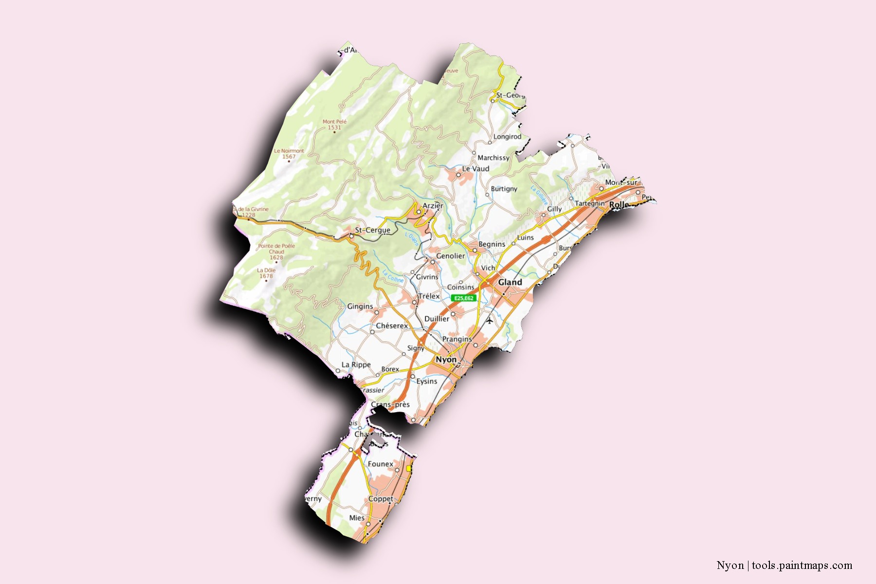 Nyon neighborhoods and villages map with 3D shadow effect