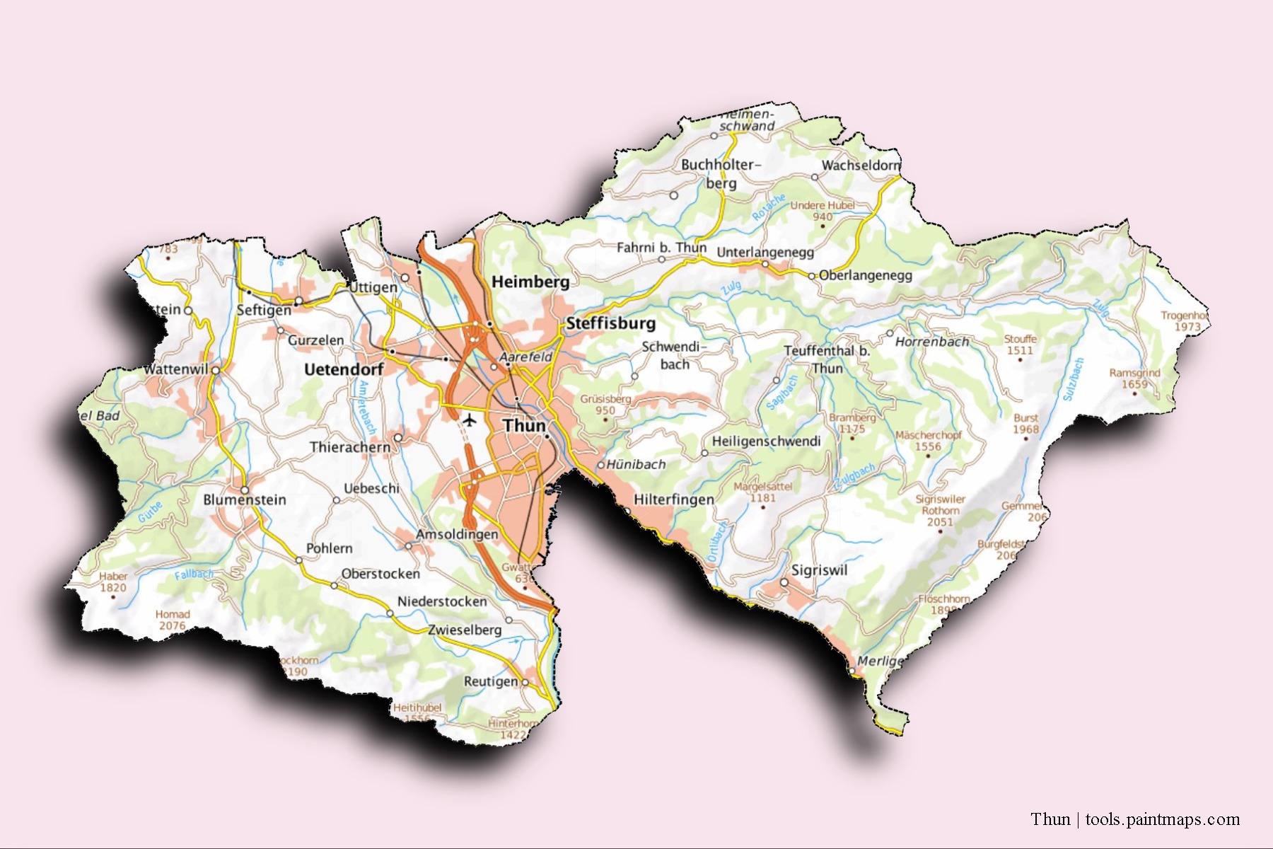 3D gölge efektli Thun mahalleleri ve köyleri haritası