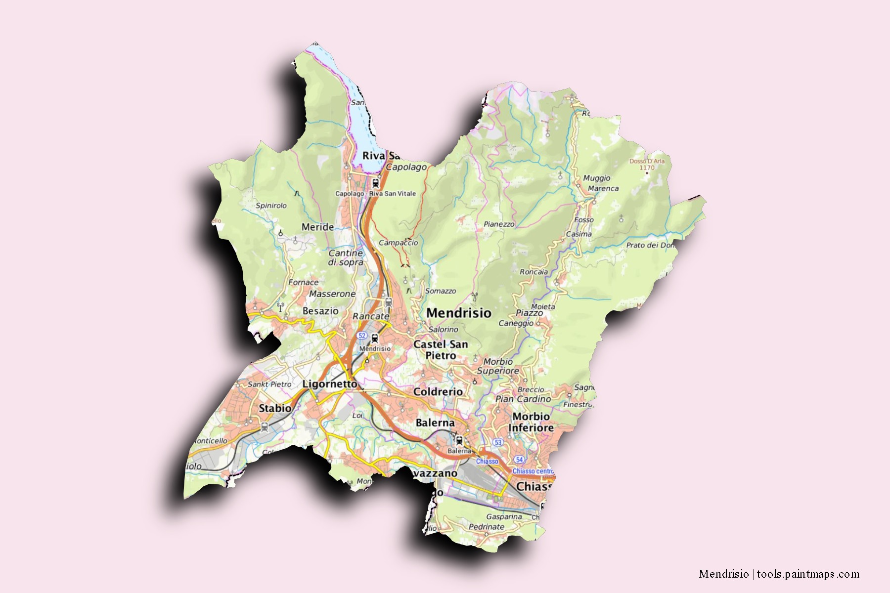 Mendrisio neighborhoods and villages map with 3D shadow effect