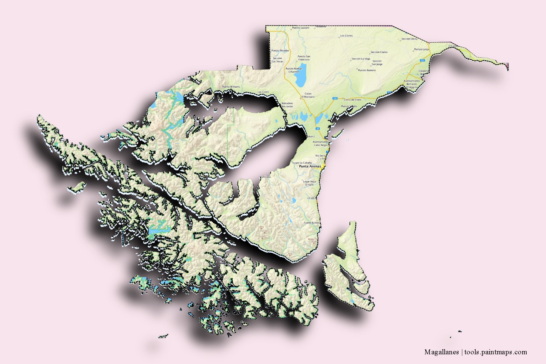 3D gölge efektli Magallanes mahalleleri ve köyleri haritası