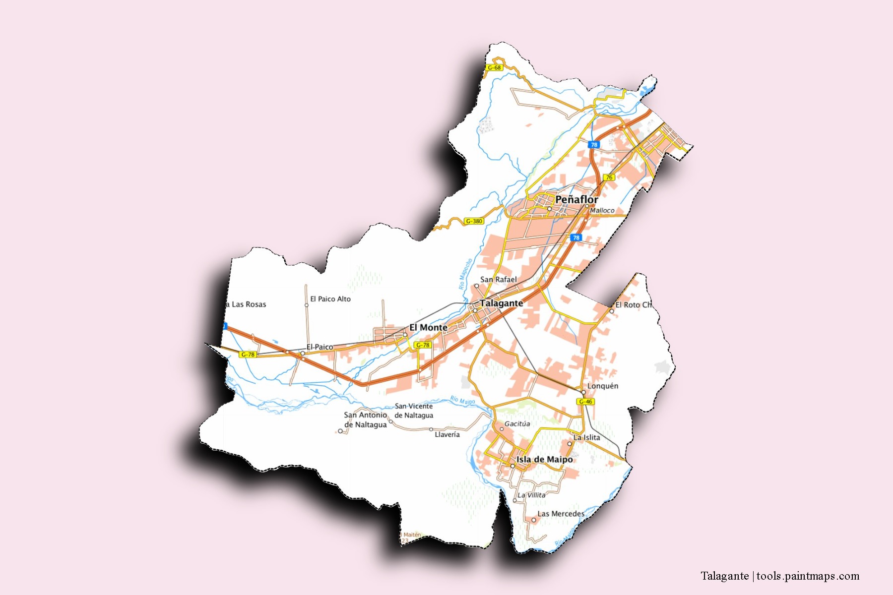 Mapa de barrios y pueblos de Talagante con efecto de sombra 3D