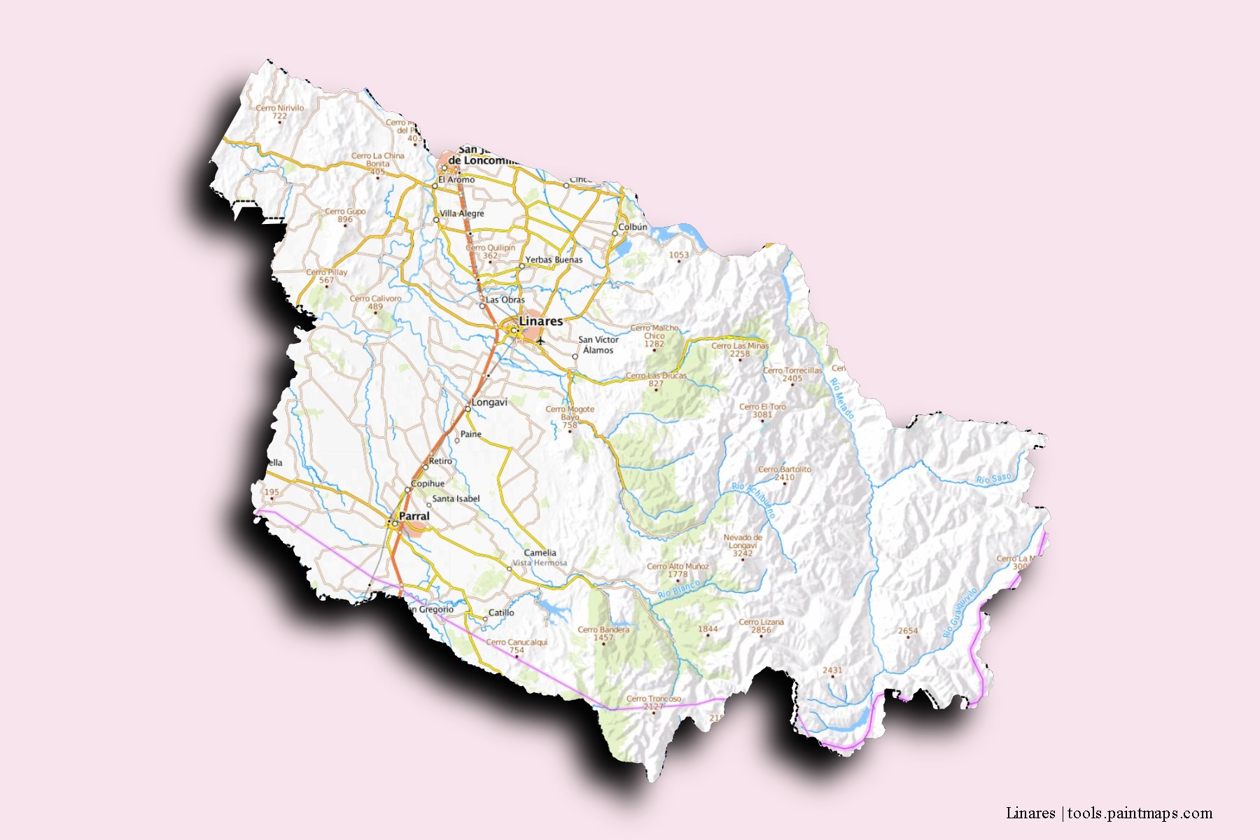 Mapa de barrios y pueblos de Linares con efecto de sombra 3D