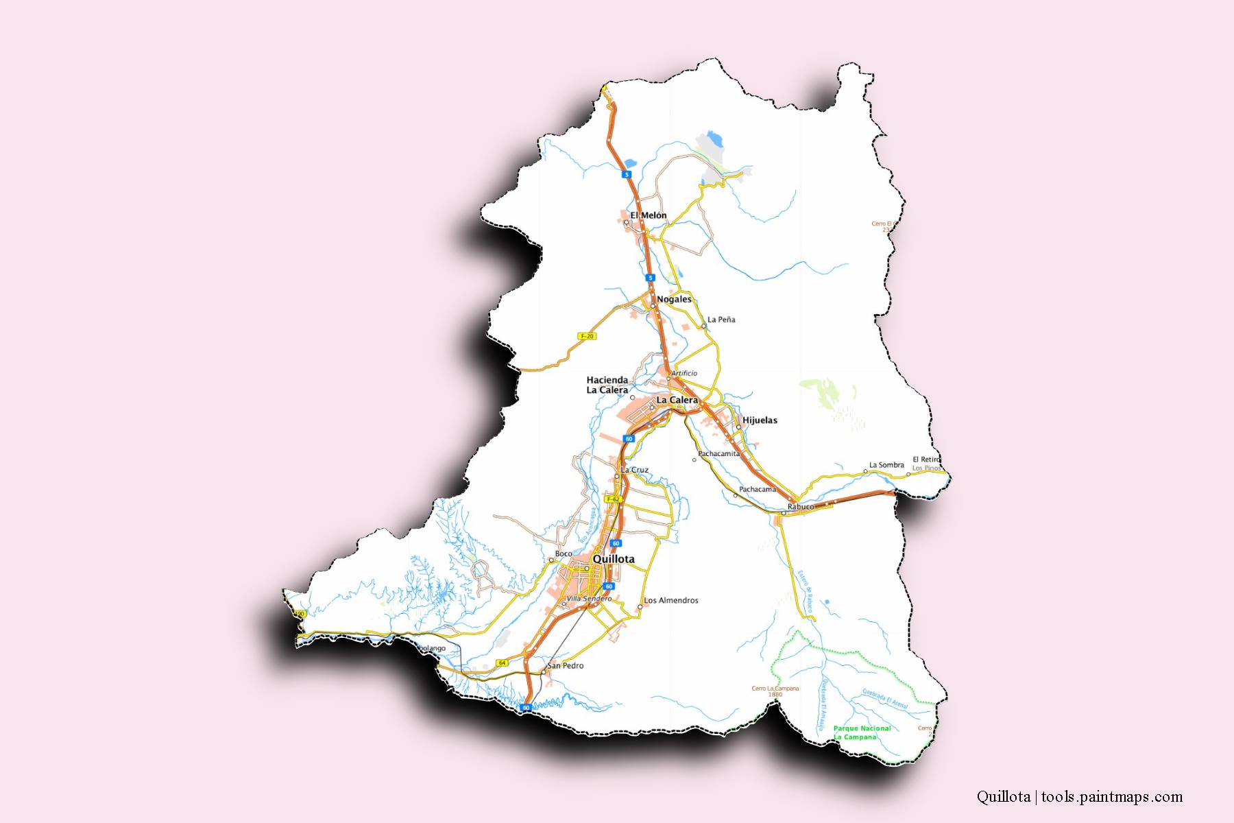 Mapa de barrios y pueblos de Quillota con efecto de sombra 3D