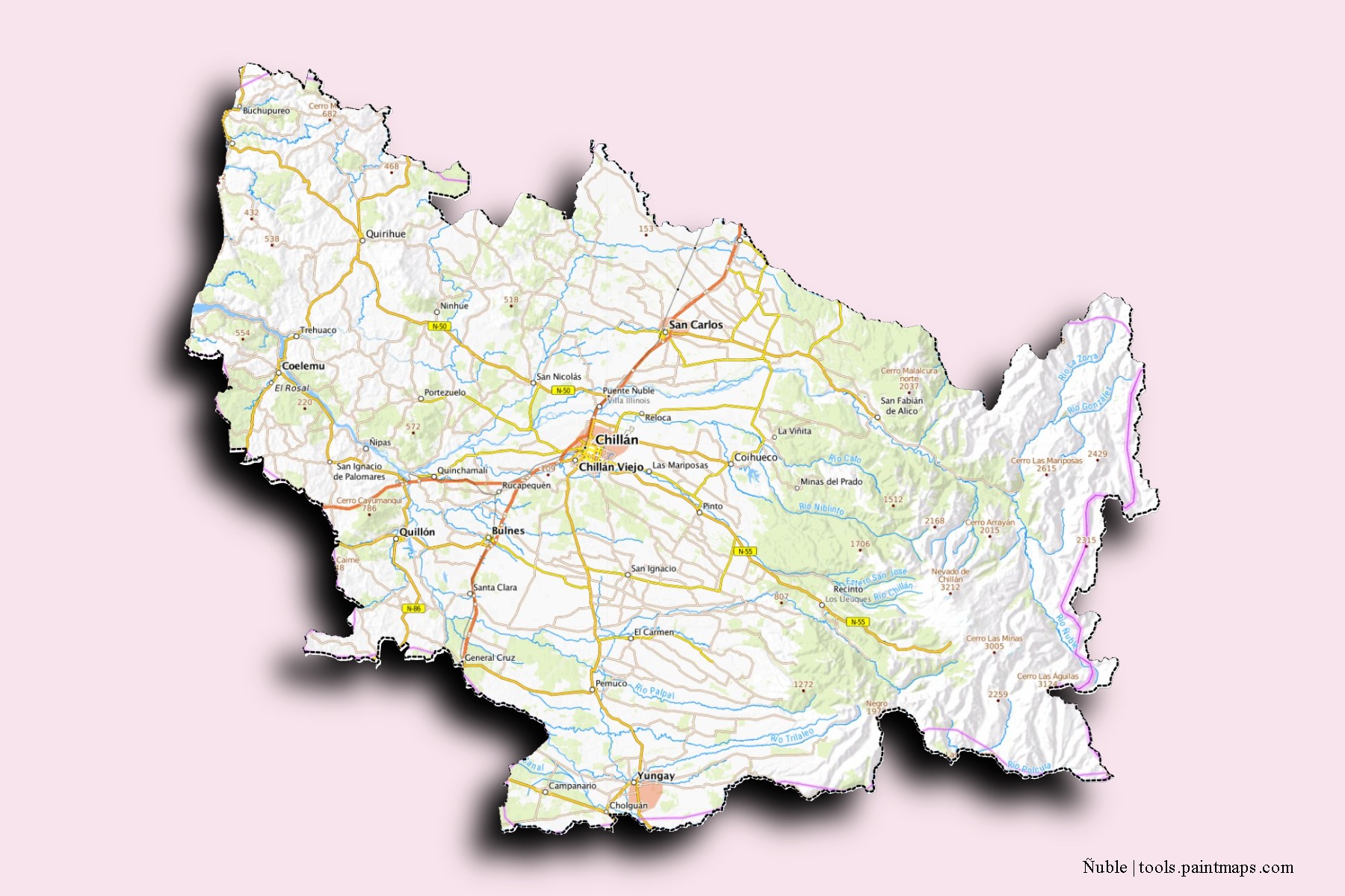 Mapa de barrios y pueblos de Ñuble con efecto de sombra 3D