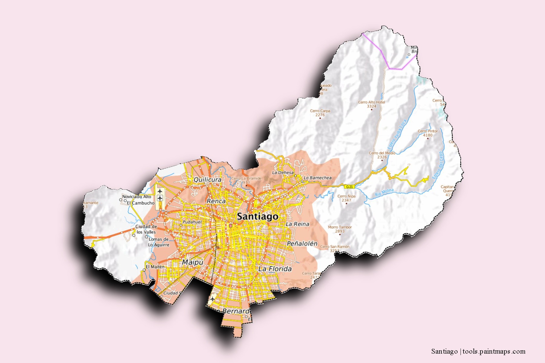 Mapa de barrios y pueblos de Santiago con efecto de sombra 3D