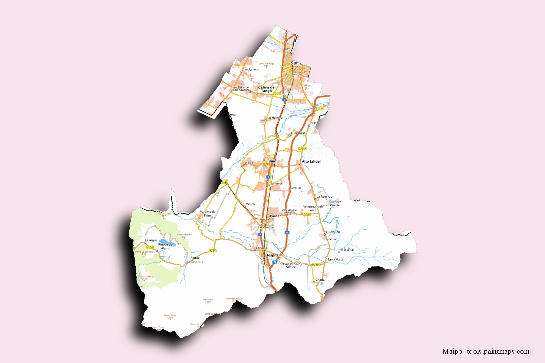 Mapa de barrios y pueblos de Maipo con efecto de sombra 3D