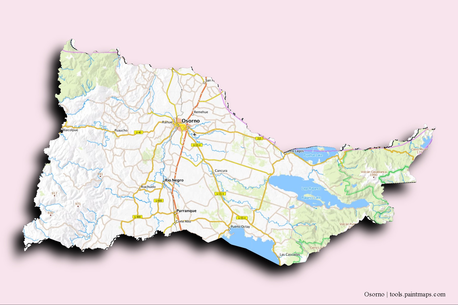 Mapa de barrios y pueblos de Osorno con efecto de sombra 3D