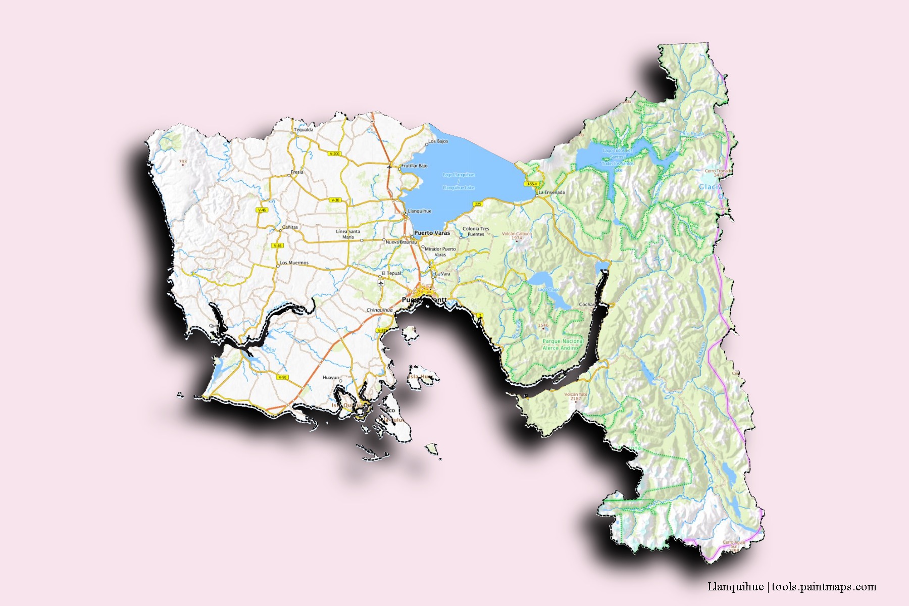 Mapa de barrios y pueblos de Llanquihue con efecto de sombra 3D