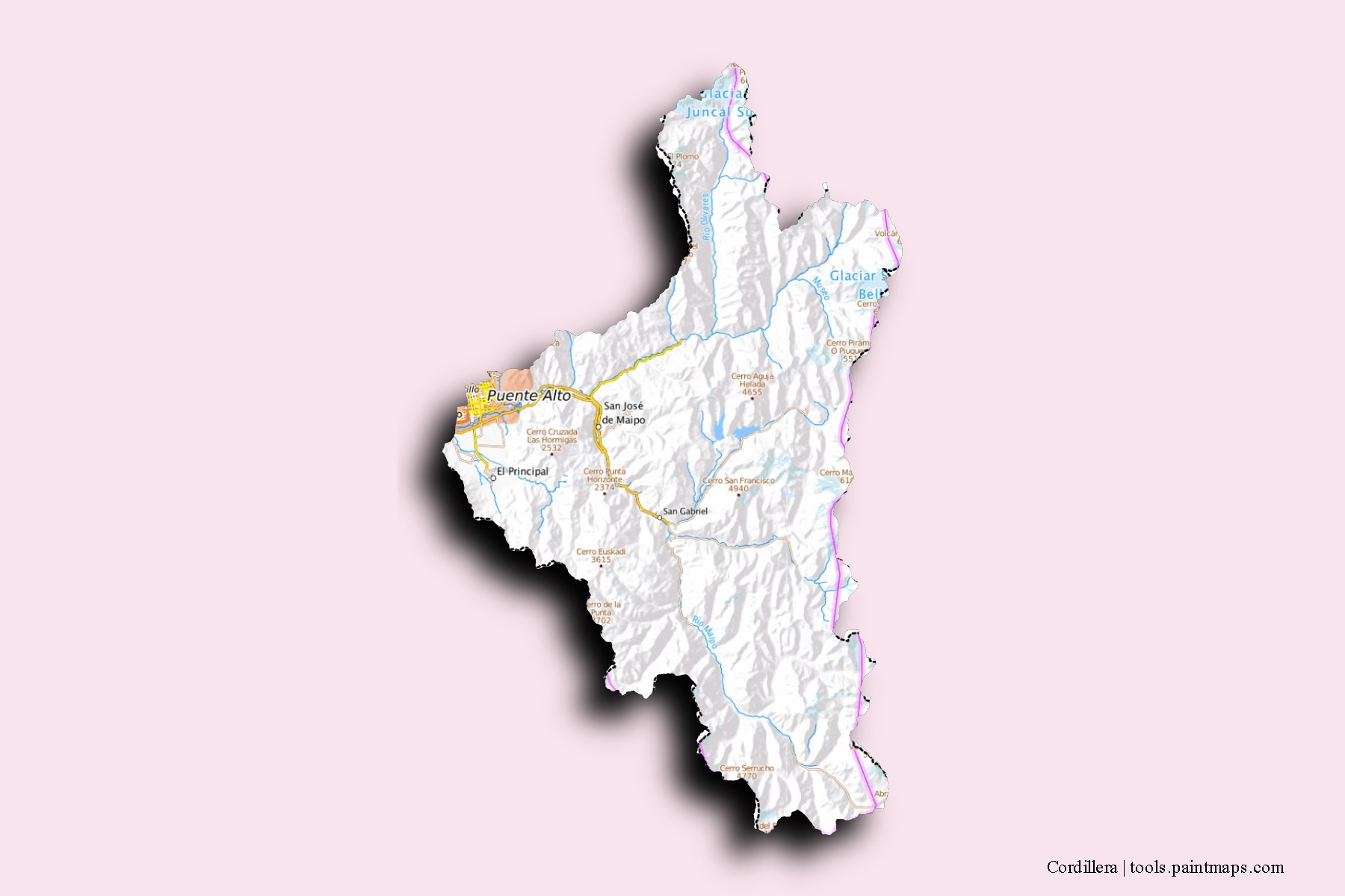 Mapa de barrios y pueblos de Cordillera con efecto de sombra 3D