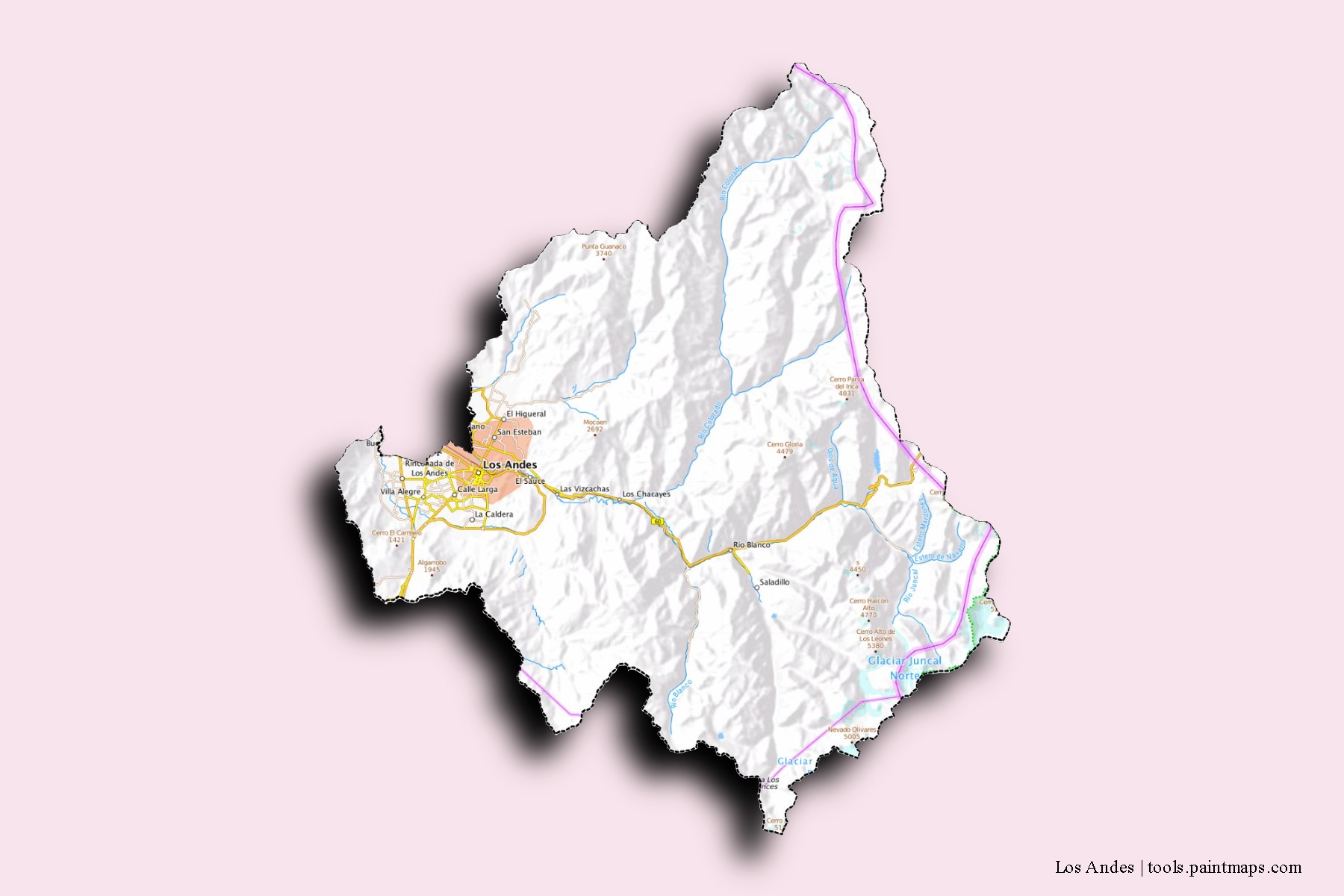 Mapa de barrios y pueblos de Los Andes con efecto de sombra 3D