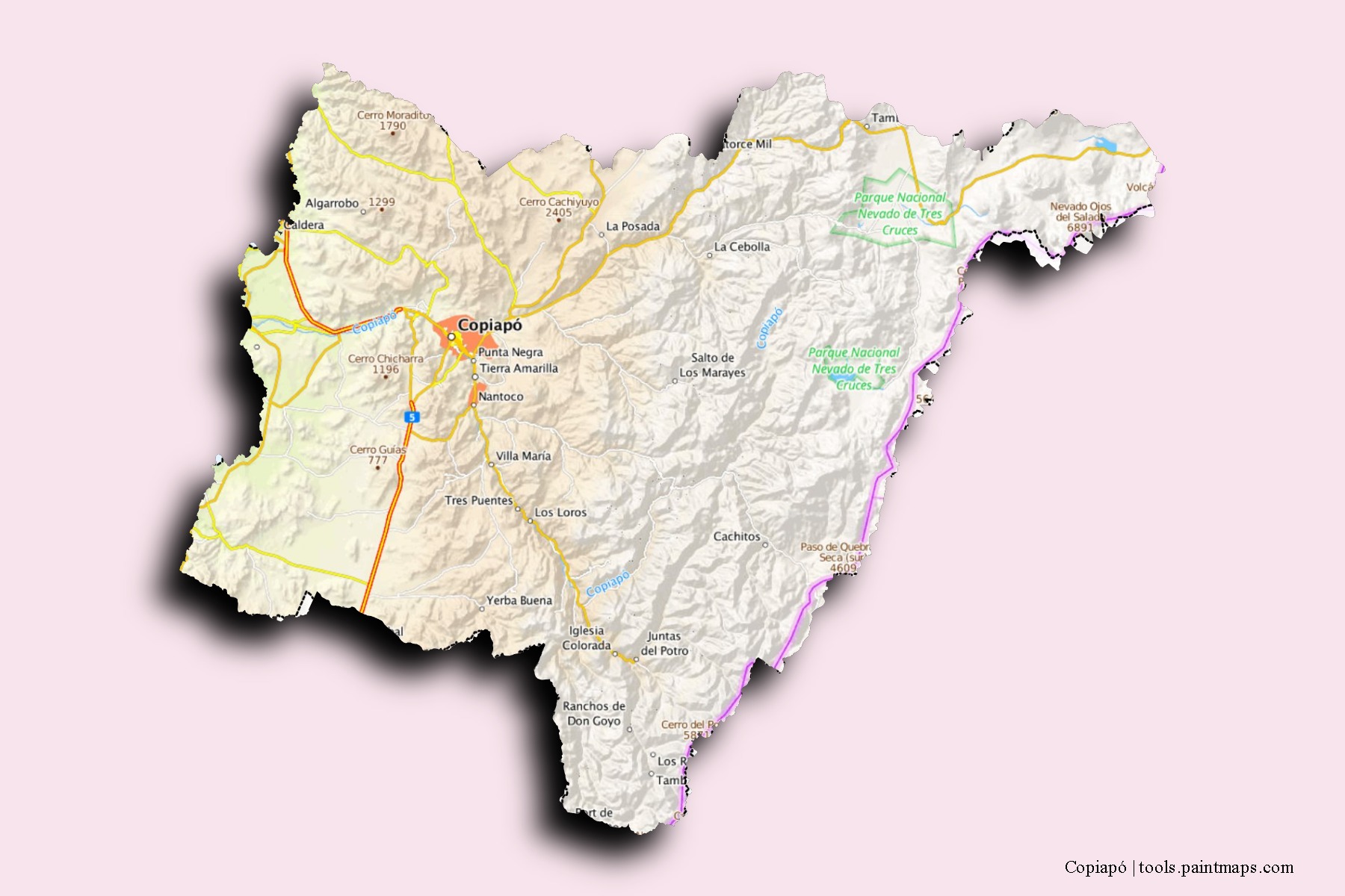 Mapa de barrios y pueblos de Copiapó con efecto de sombra 3D