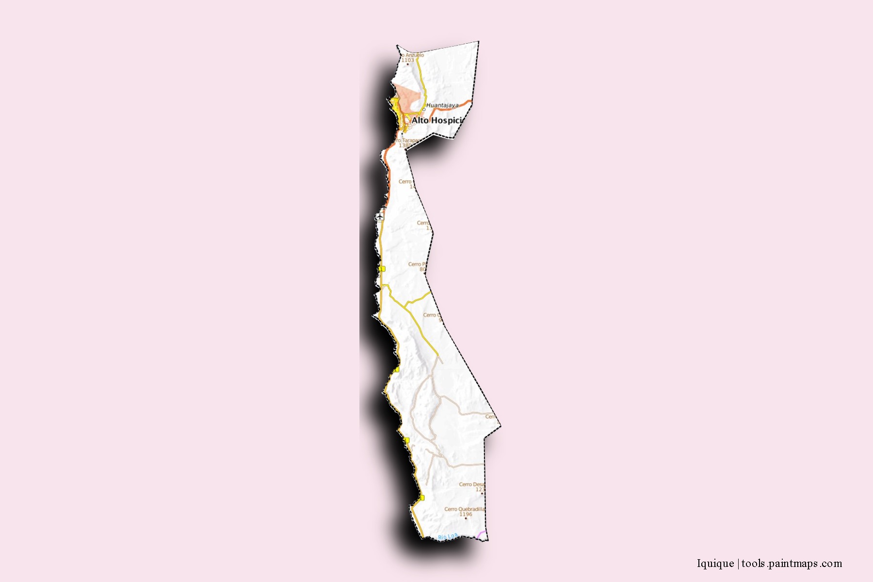 Mapa de barrios y pueblos de Iquique con efecto de sombra 3D