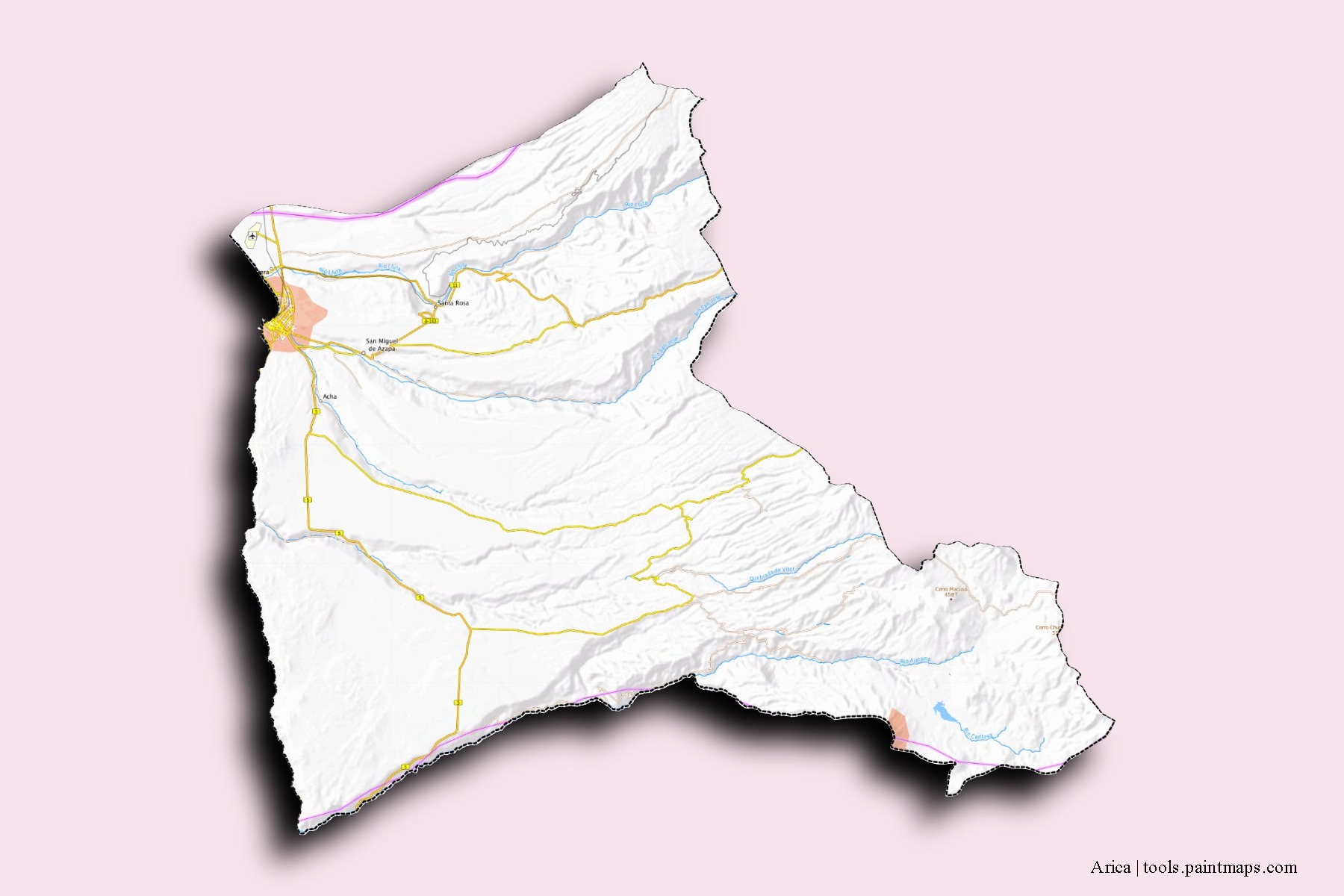 Mapa de barrios y pueblos de Arica con efecto de sombra 3D