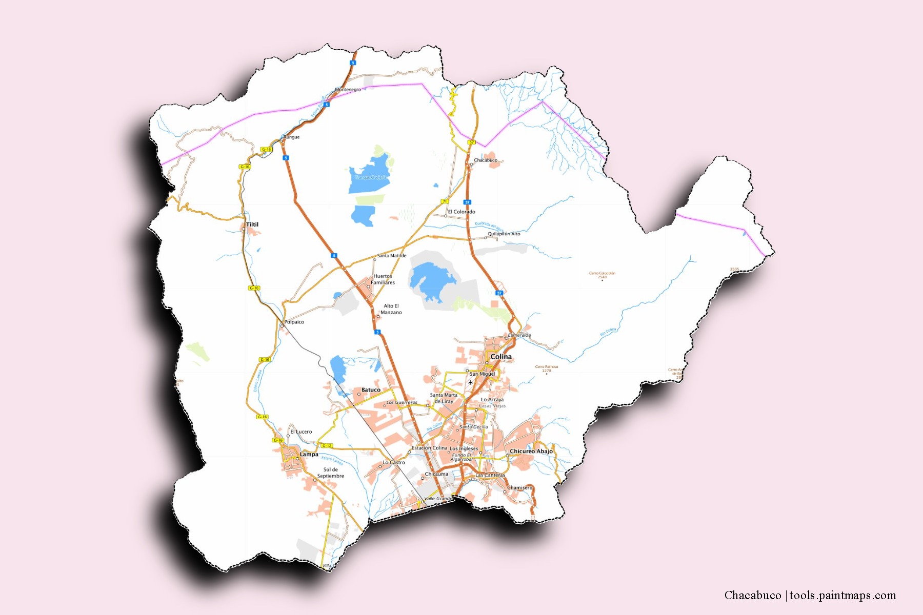 Mapa de barrios y pueblos de Chacabuco con efecto de sombra 3D