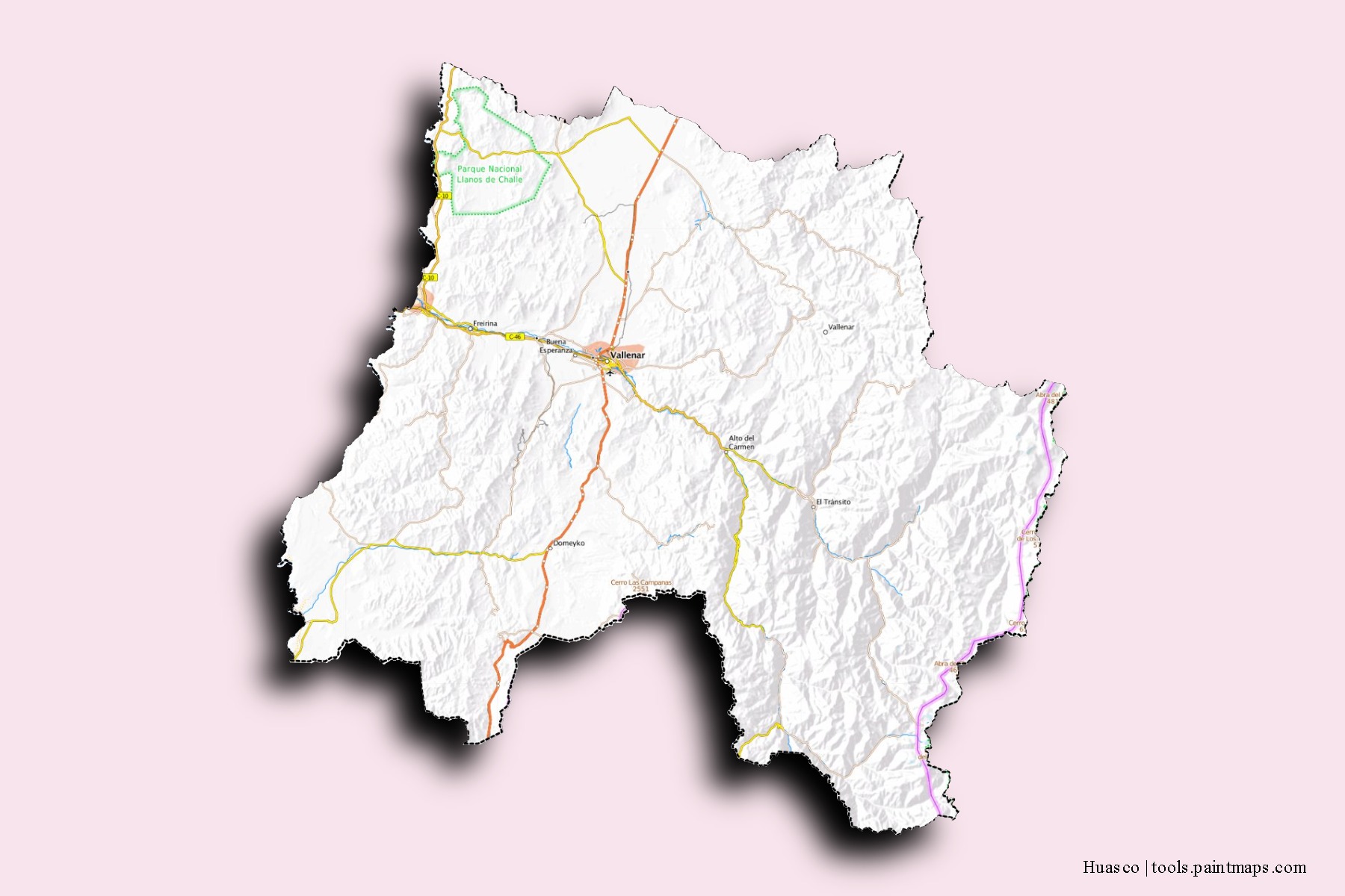 Mapa de barrios y pueblos de Huasco con efecto de sombra 3D