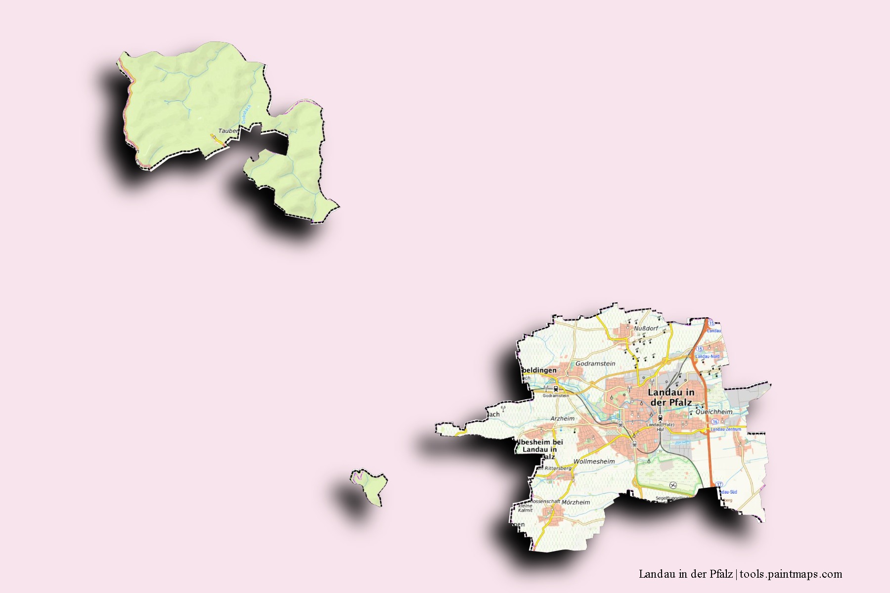 3D gölge efektli Landau in der Pfalz mahalleleri ve köyleri haritası