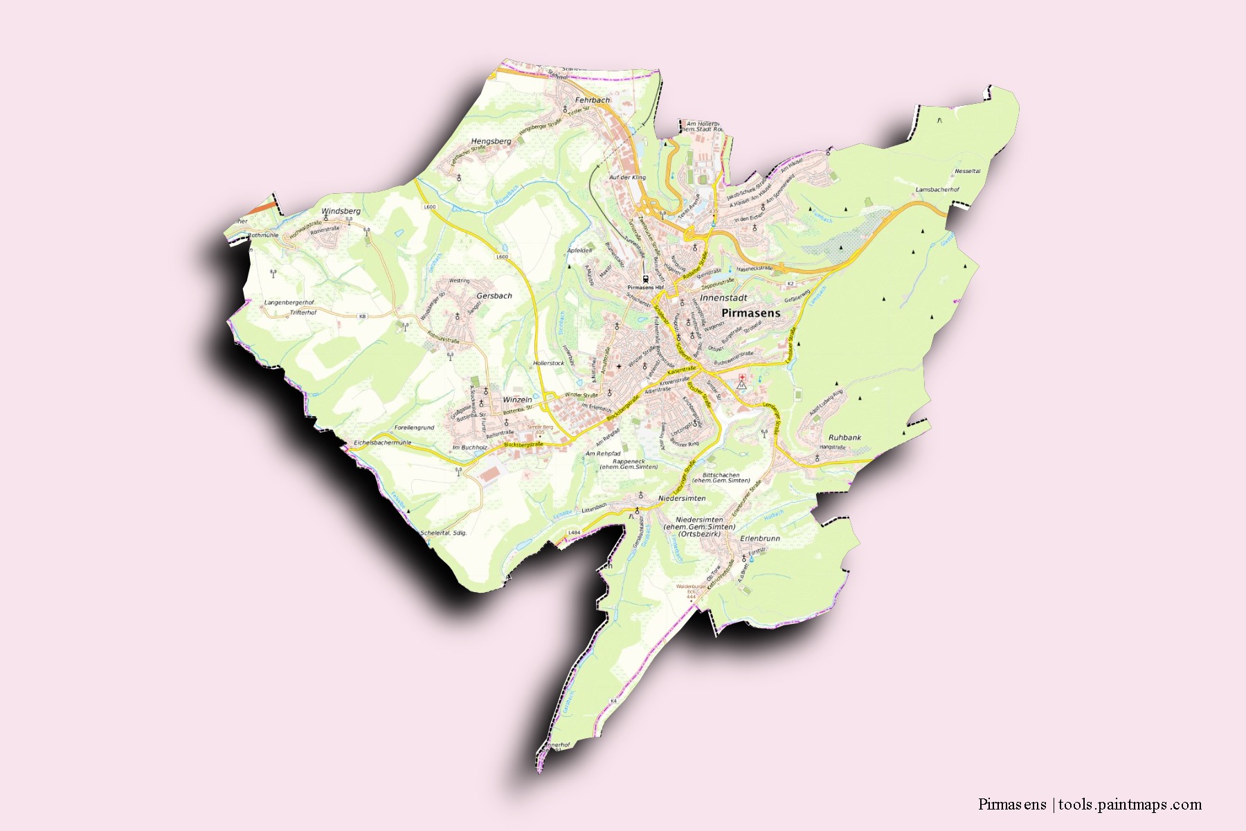 Pirmasens neighborhoods and villages map with 3D shadow effect