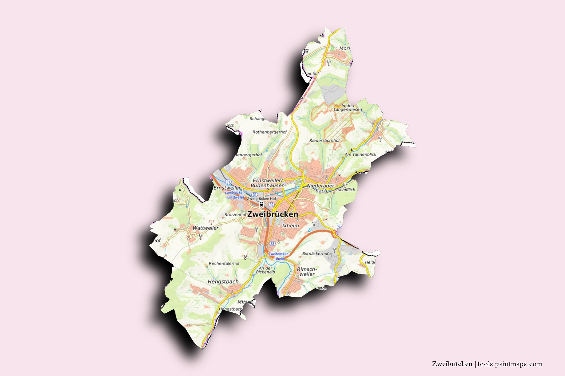 Mapa de barrios y pueblos de Zweibrücken con efecto de sombra 3D