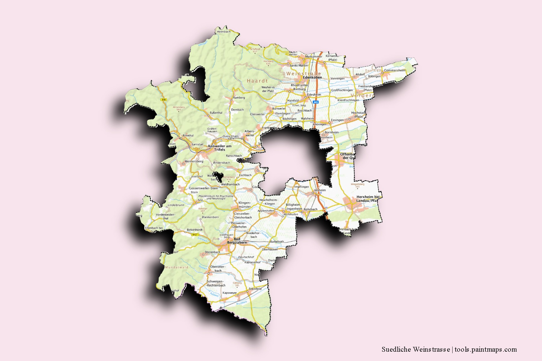 3D gölge efektli Suedliche Weinstrasse mahalleleri ve köyleri haritası
