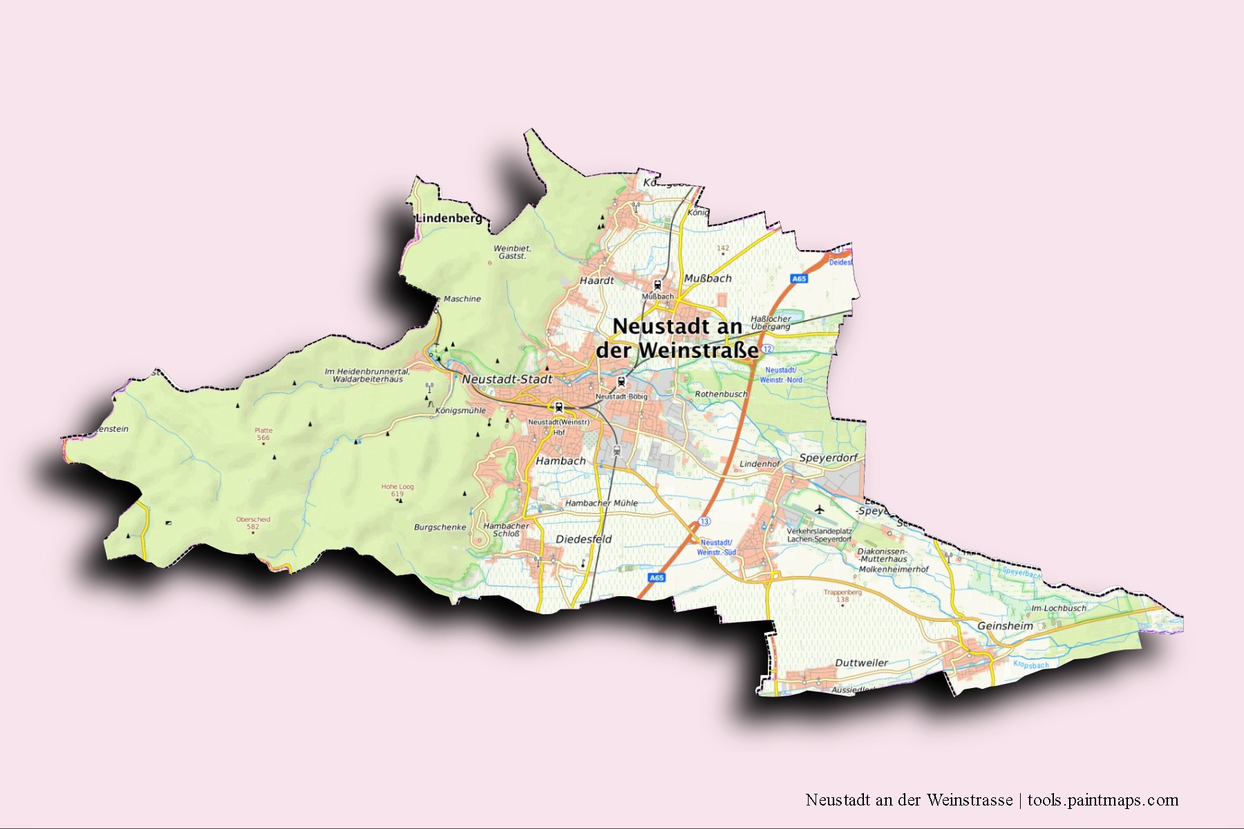 Mapa de barrios y pueblos de Neustadt an der Weinstrasse con efecto de sombra 3D