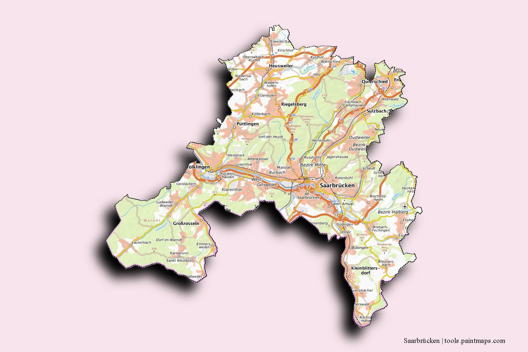 Saarbrücken neighborhoods and villages map with 3D shadow effect