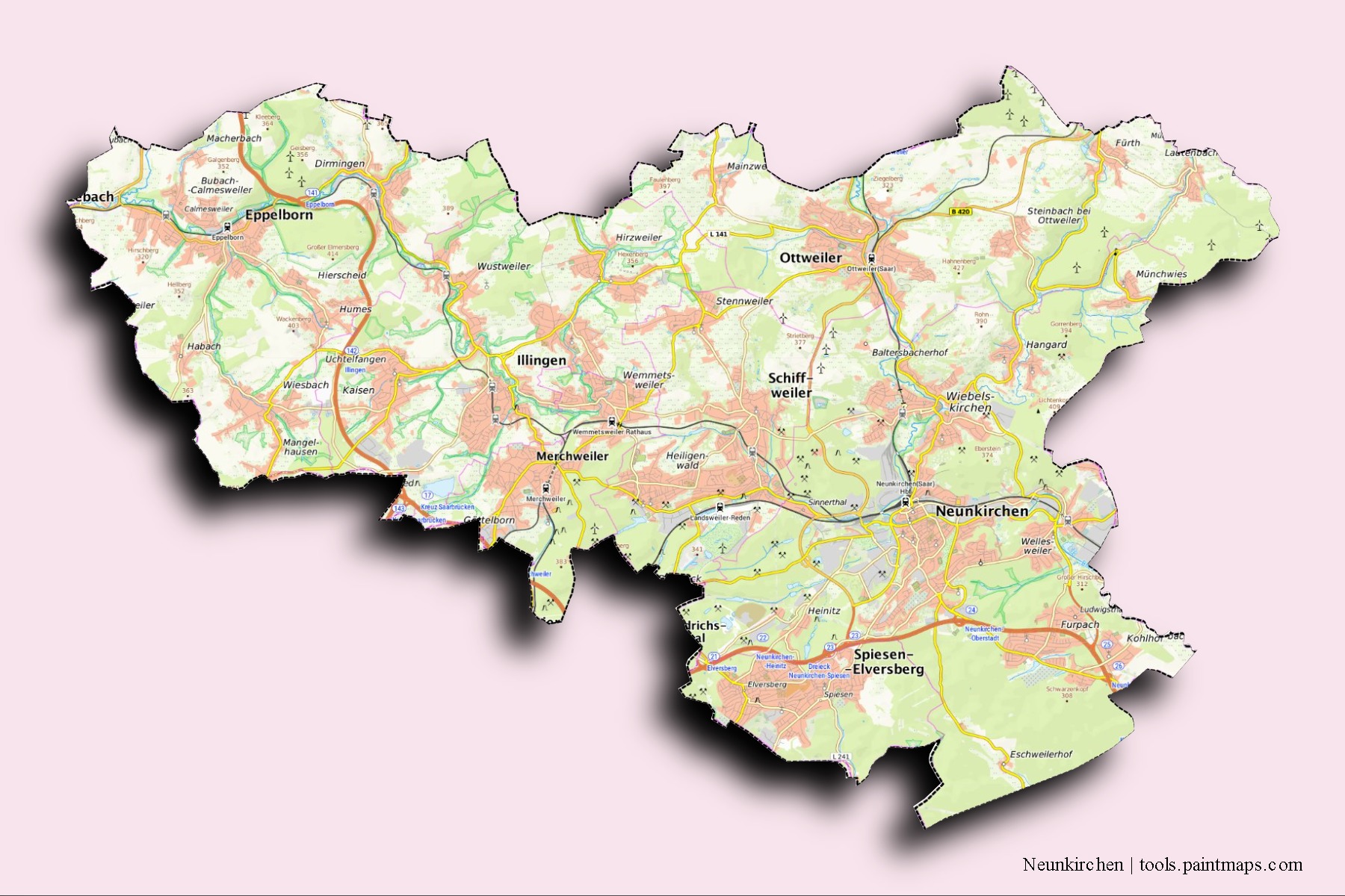 Neunkirchen neighborhoods and villages map with 3D shadow effect