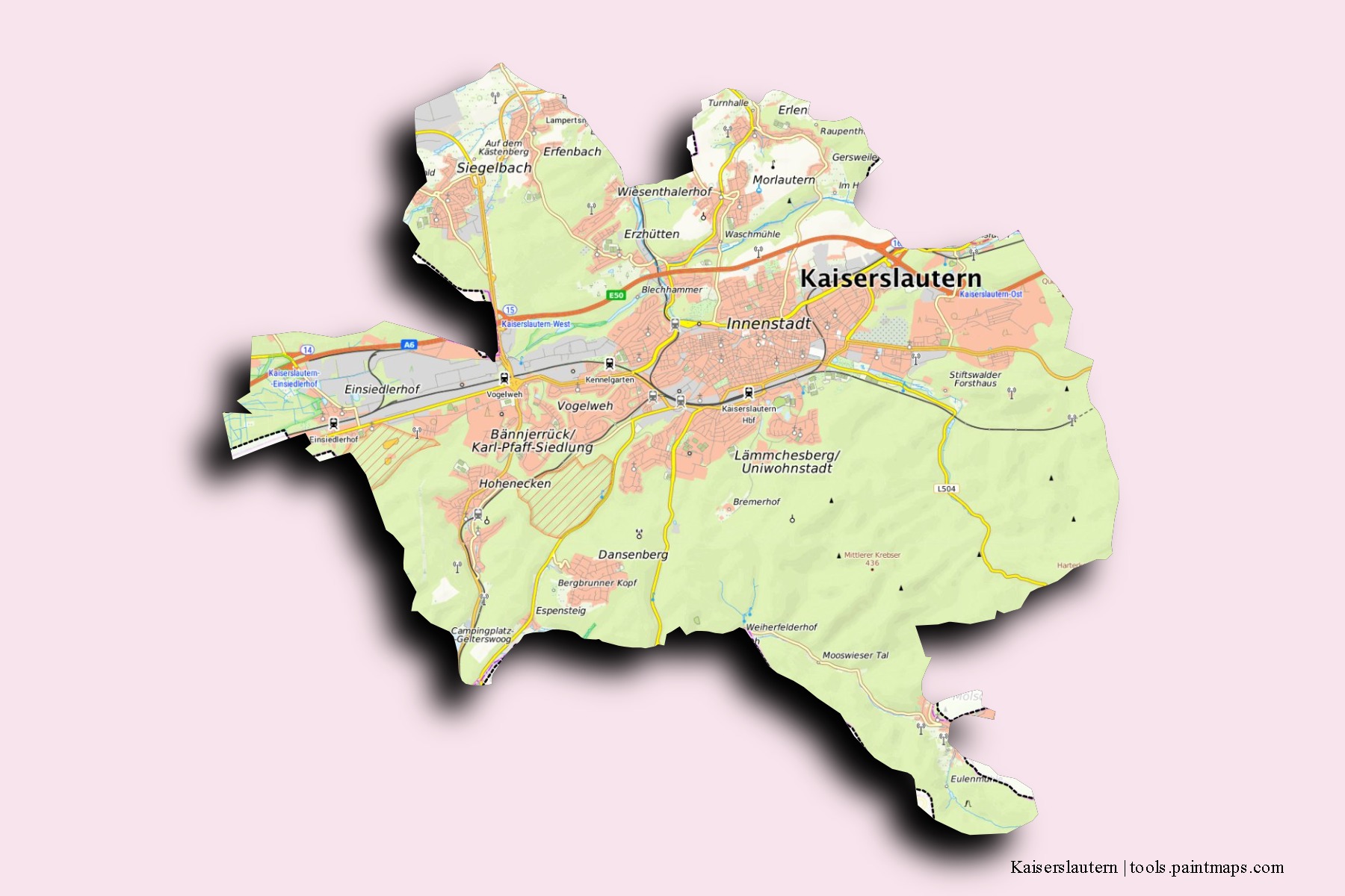 3D gölge efektli Kaiserslautern mahalleleri ve köyleri haritası