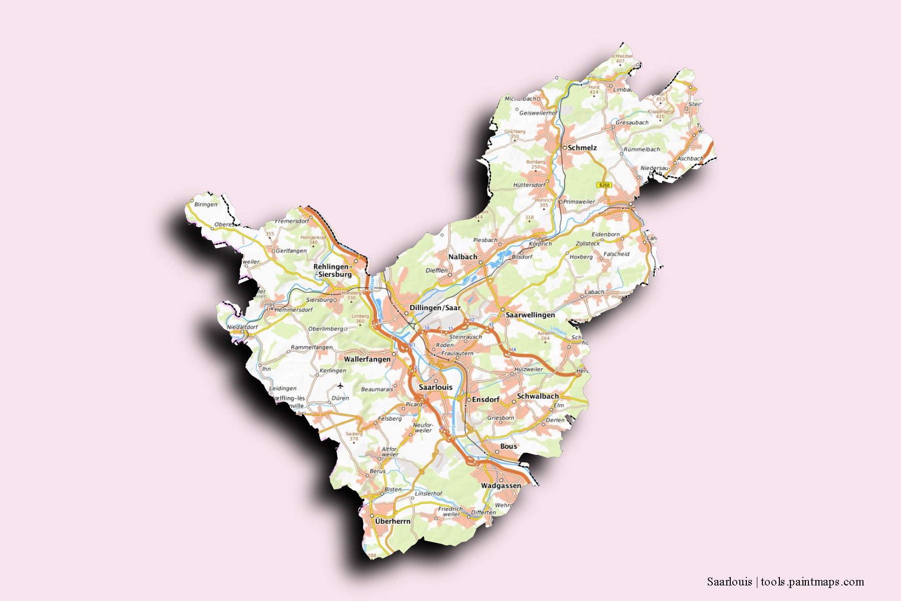 Mapa de barrios y pueblos de Saarlouis con efecto de sombra 3D