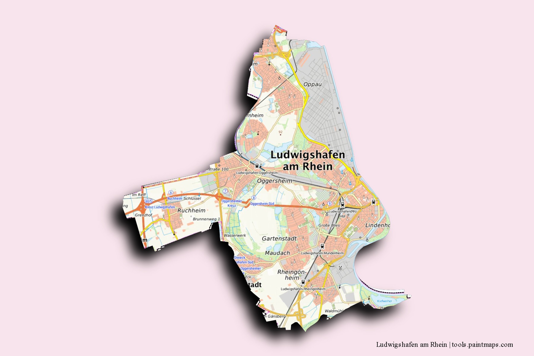 Ludwigshafen am Rhein neighborhoods and villages map with 3D shadow effect