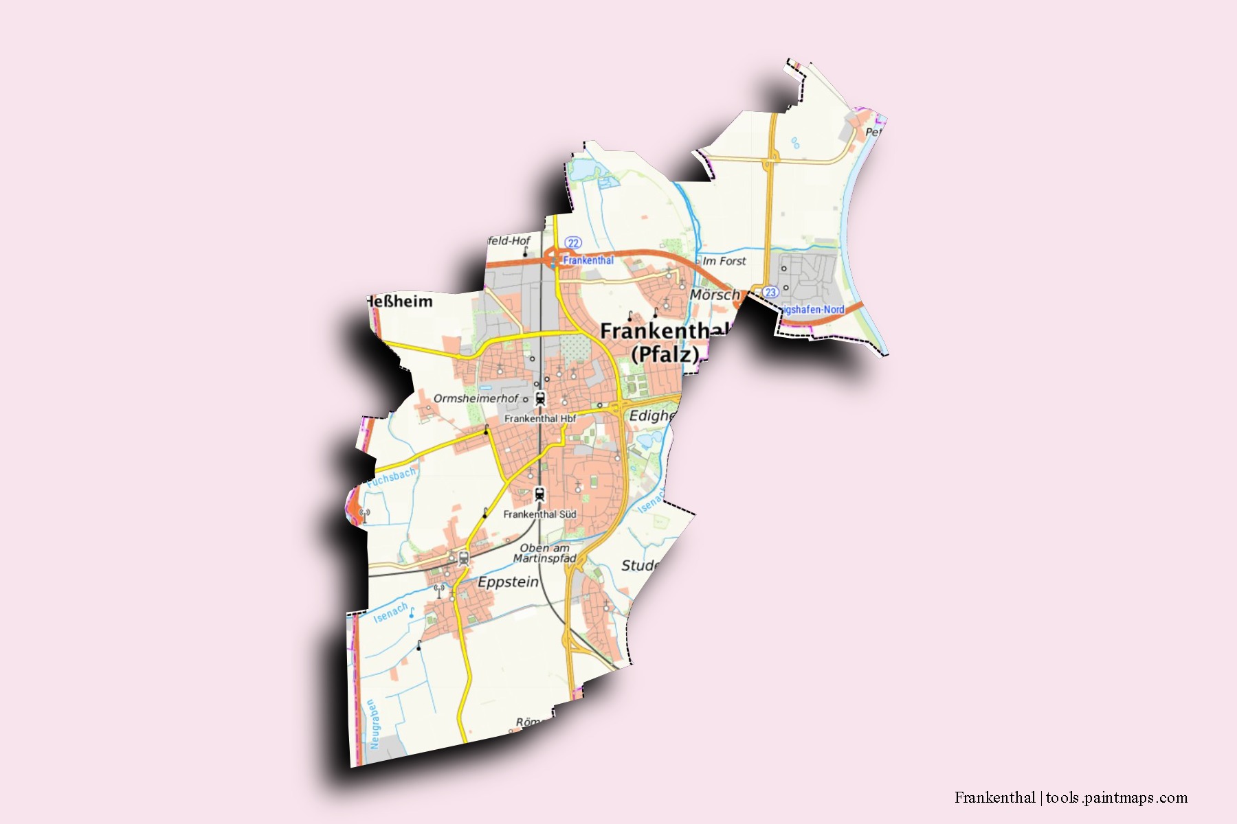 Mapa de barrios y pueblos de Frankenthal con efecto de sombra 3D