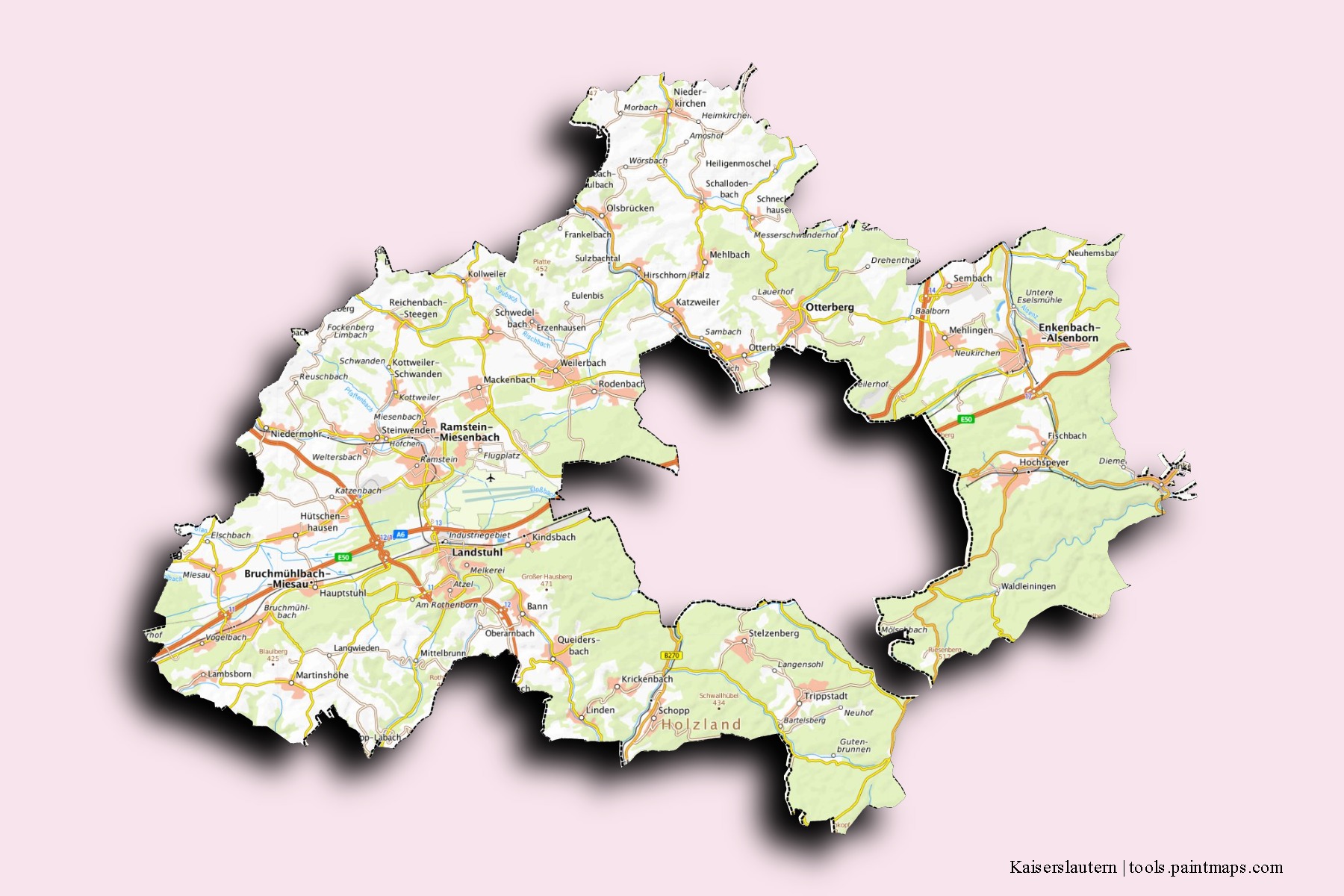 Kaiserslautern neighborhoods and villages map with 3D shadow effect