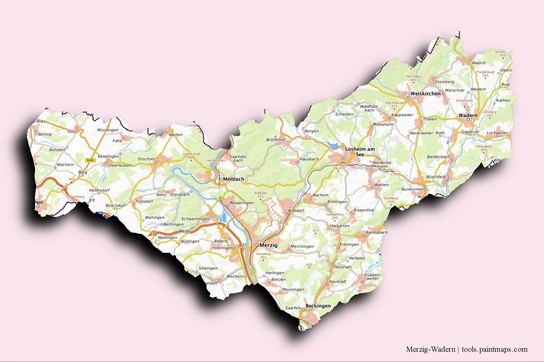 Merzig-Wadern neighborhoods and villages map with 3D shadow effect