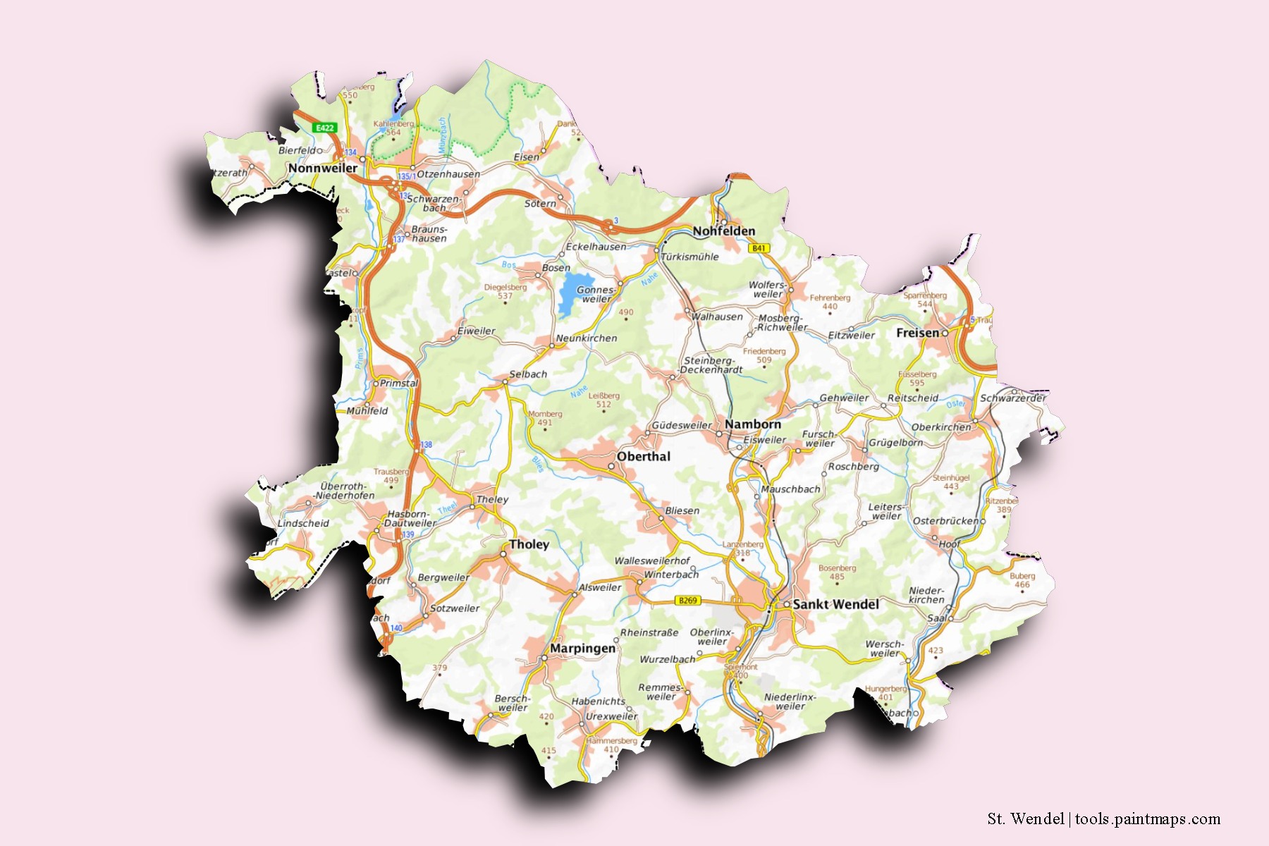 Mapa de barrios y pueblos de St. Wendel con efecto de sombra 3D