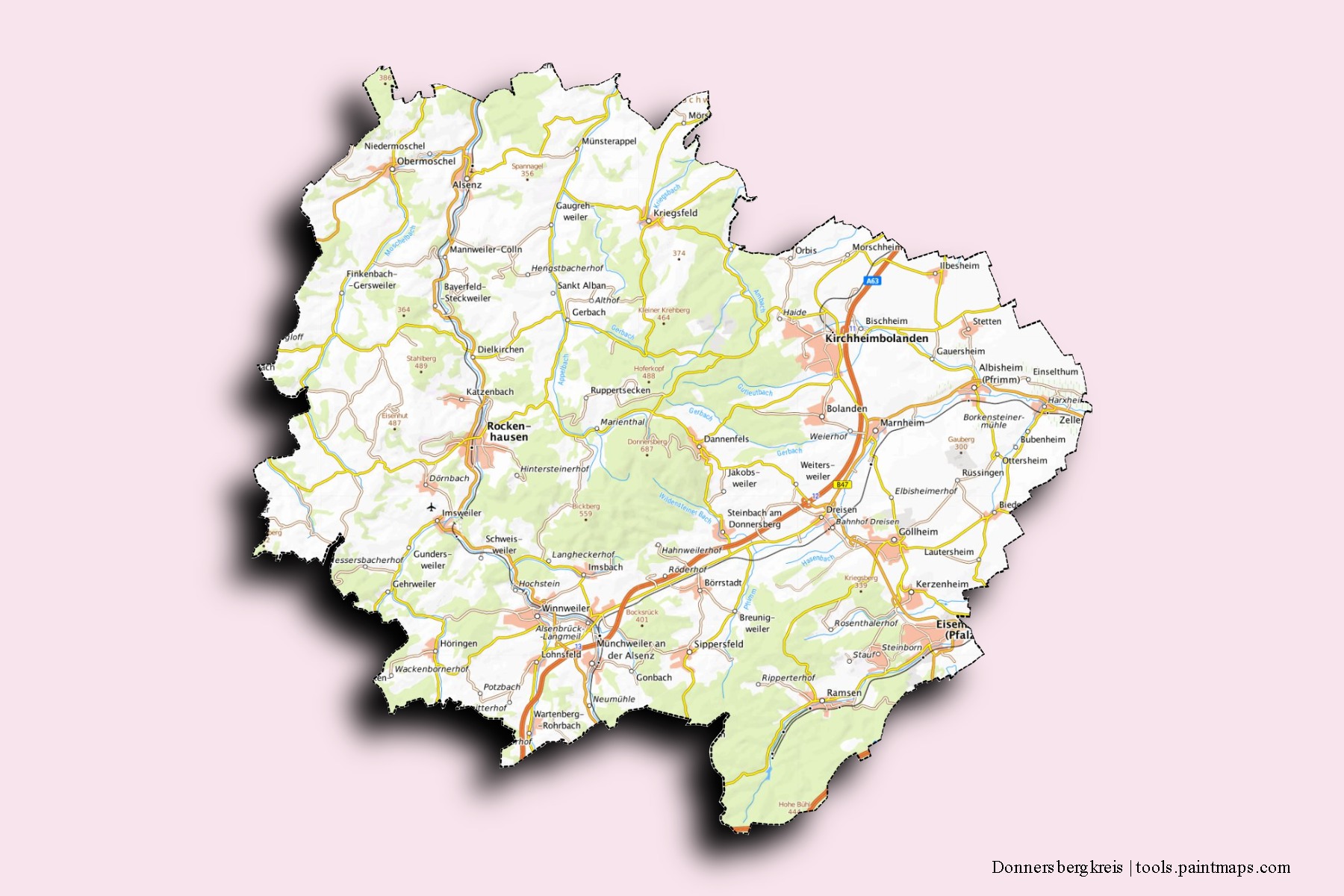 Mapa de barrios y pueblos de Donnersbergkreis con efecto de sombra 3D